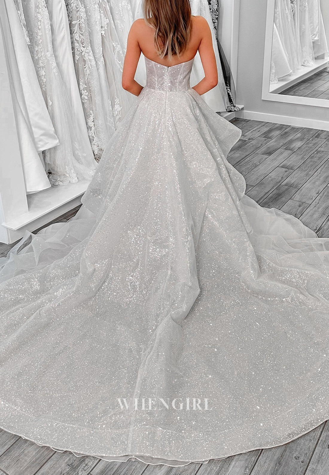 Scoop Neck Sleeveless A-Line Chapel Trian Ruffles Back Zipper Strapless Sequins Wedding Dress