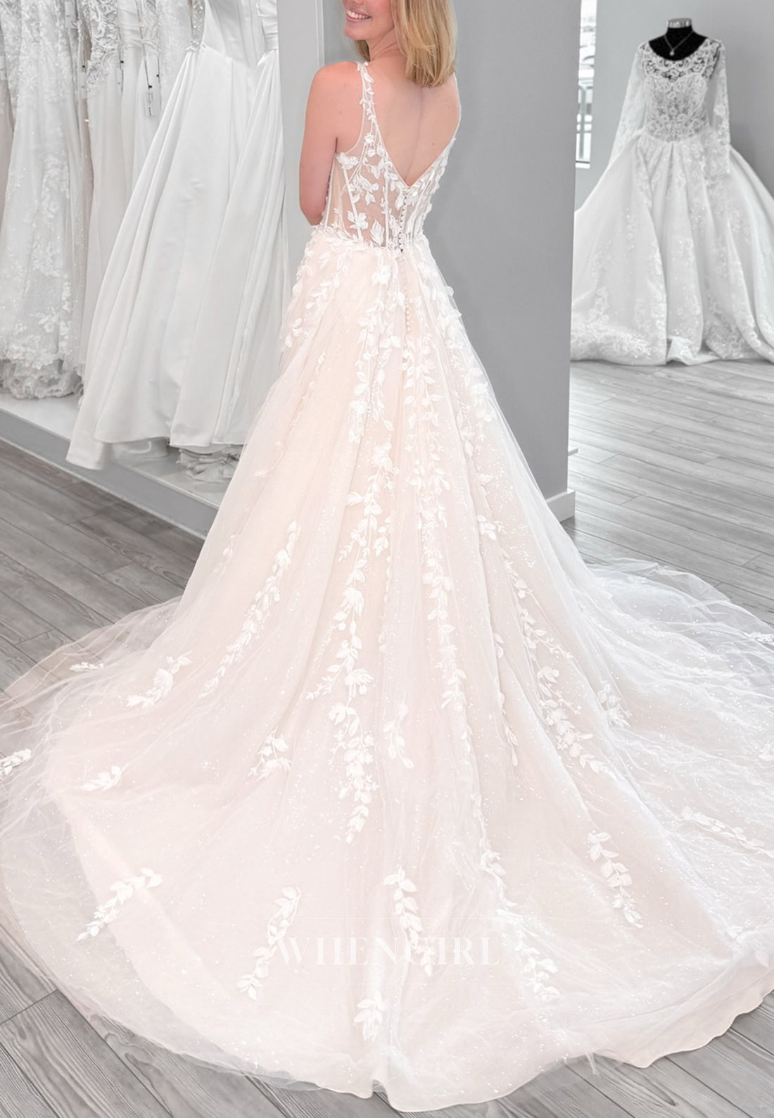 A-Line Appliqued V Neck Sleeveless Court Trian Button Wedding Dress with Side Slit