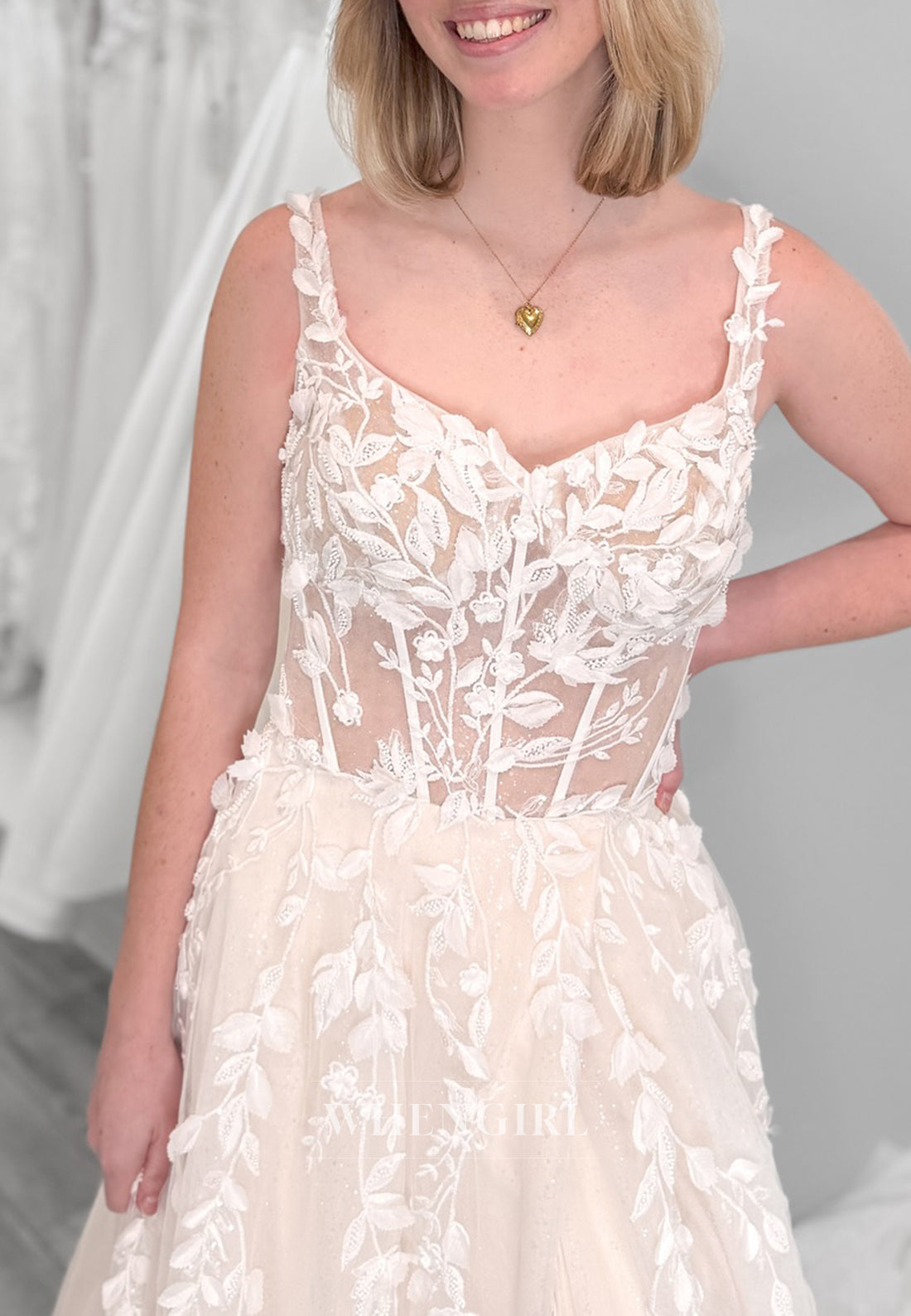 A-Line Appliqued V Neck Sleeveless Court Trian Button Wedding Dress with Side Slit