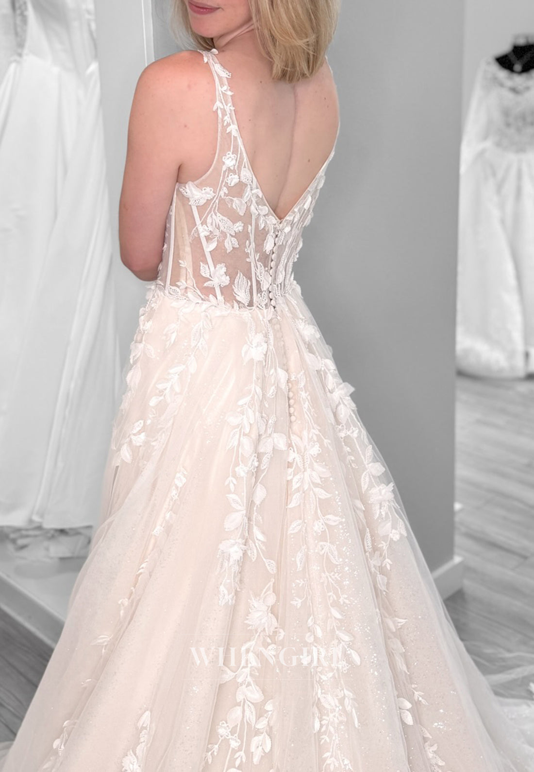 A-Line Appliqued V Neck Sleeveless Court Trian Button Wedding Dress with Side Slit