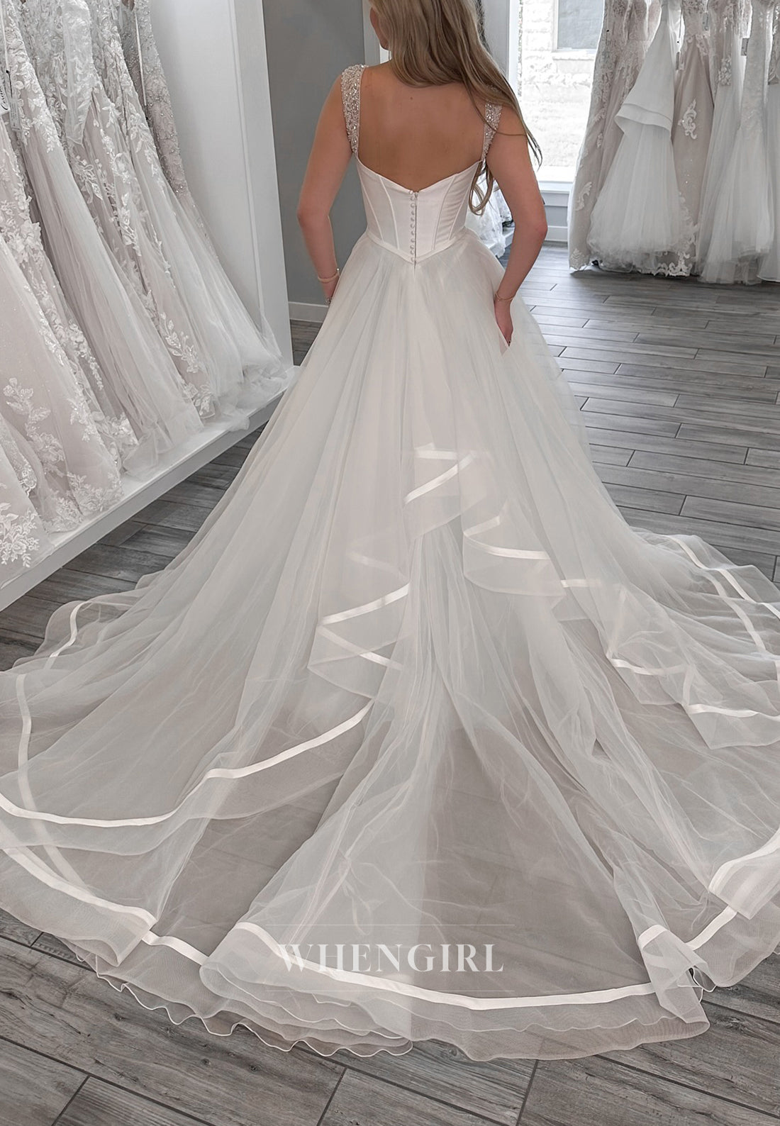 Beaded Off Shoulder Sleeveless Bowknot A-Line Court Trian Wedding Dress