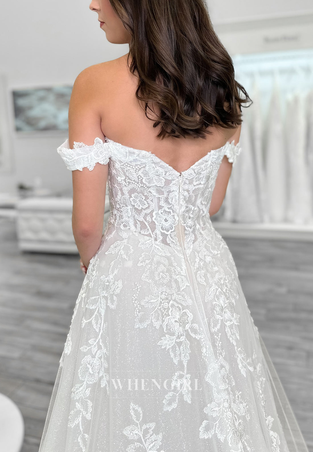 Off Shoulder Appliqued Lace A-Line Chapel Train Back Zipper Wedding Dress
