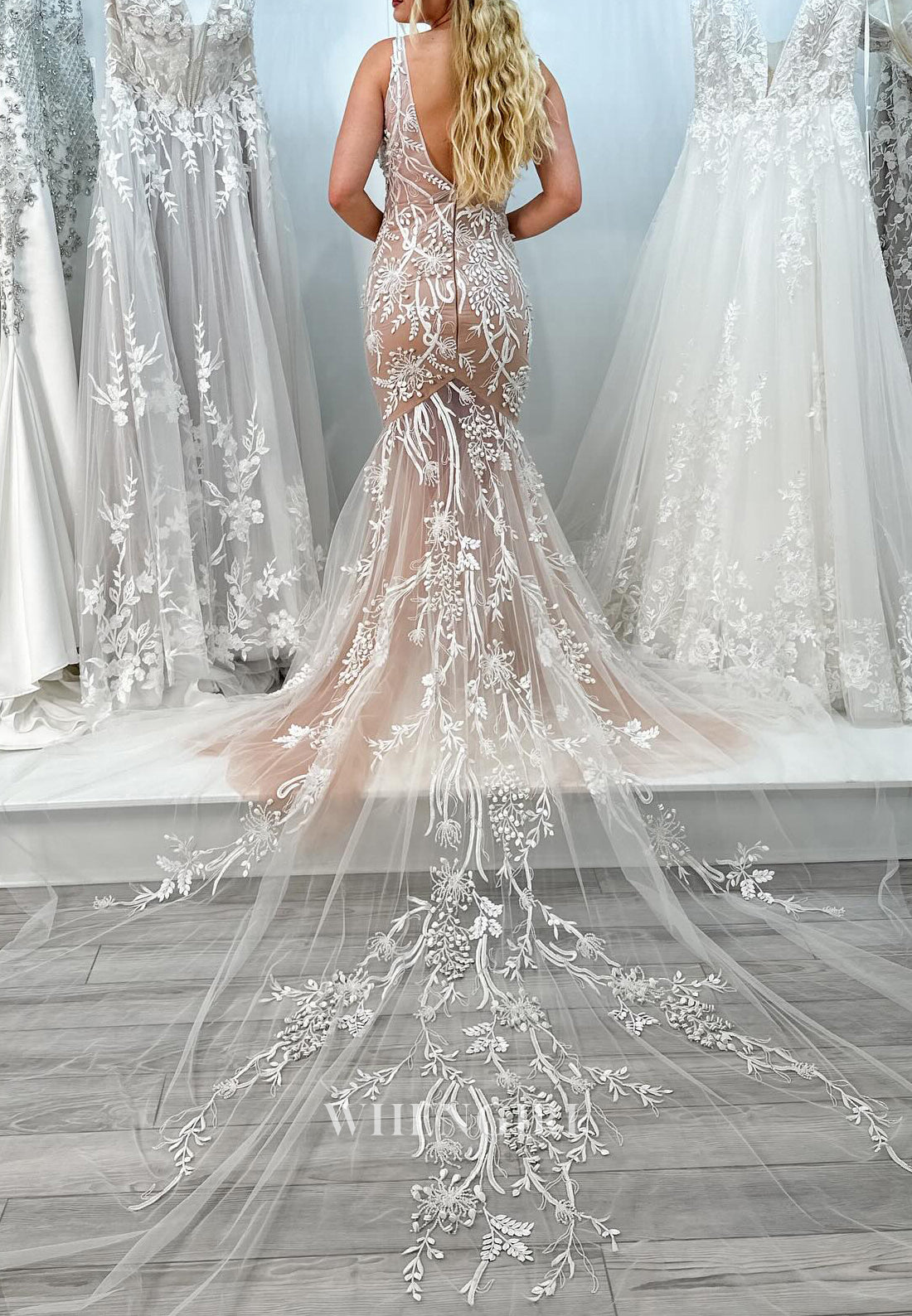 V Neck Embroidery Tulle Sleeveless Chapel Trian Mermaid Wedding Dress