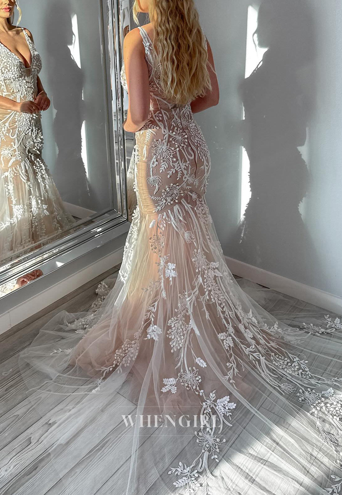V Neck Embroidery Tulle Sleeveless Chapel Trian Mermaid Wedding Dress