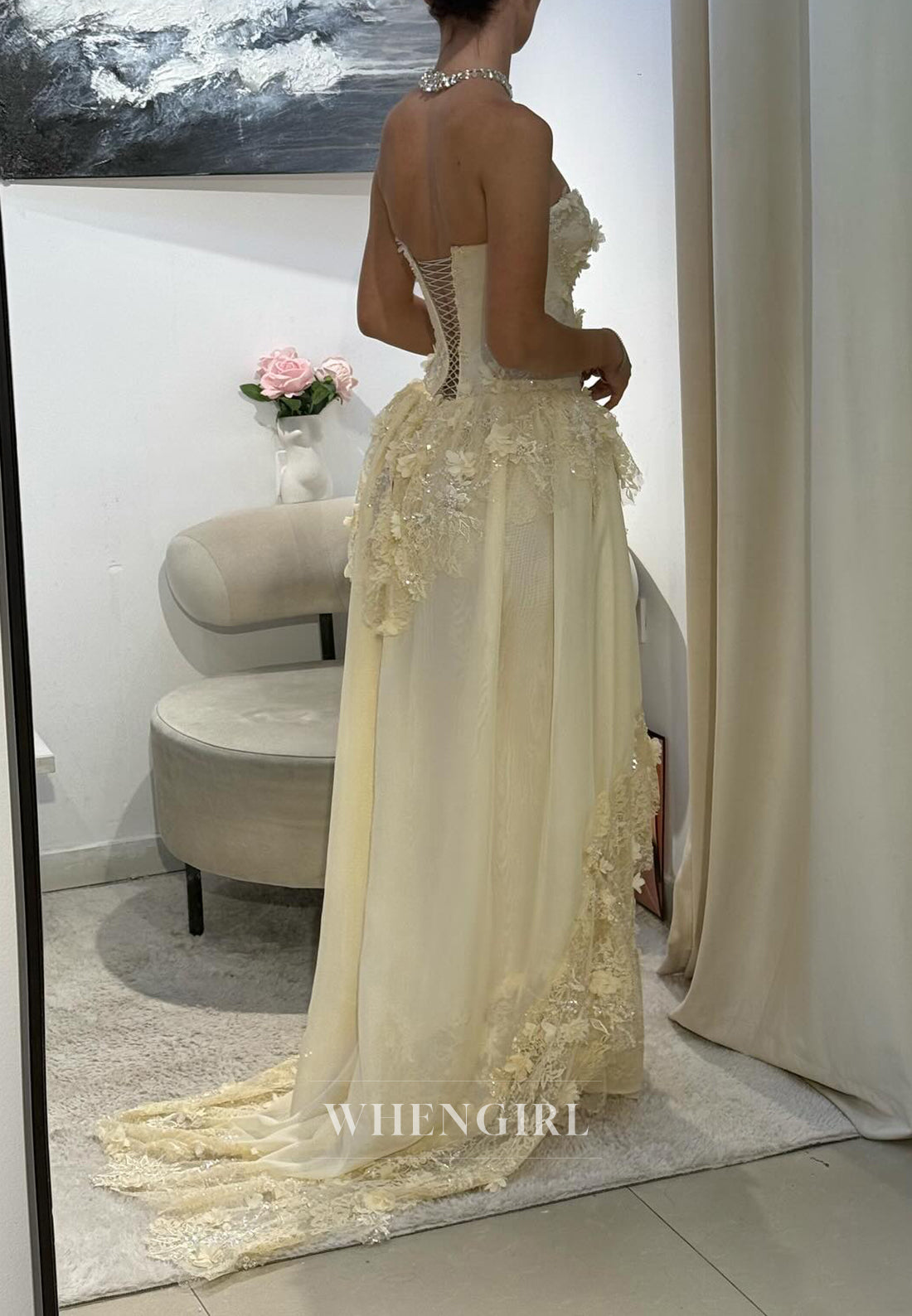 A-Line Yellow Sleeveless Sweetheart Appliqued Lace Up Formal Evening Dress