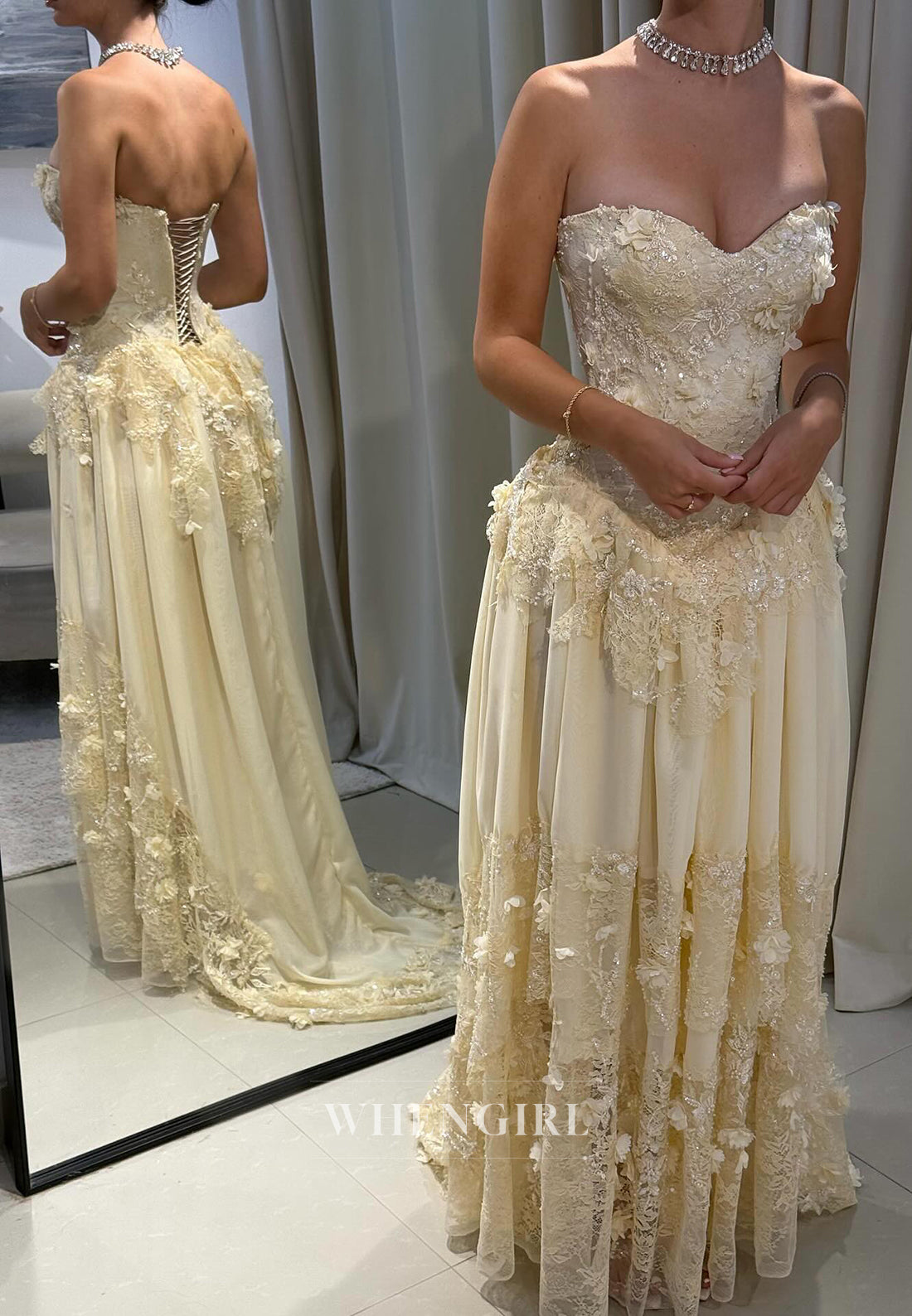 A-Line Yellow Sleeveless Sweetheart Appliqued Lace Up Formal Evening Dress
