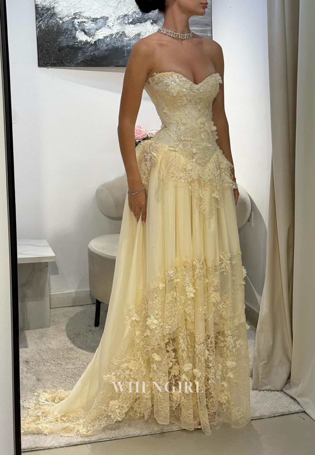 A-Line Yellow Sleeveless Sweetheart Appliqued Lace Up Formal Evening Dress