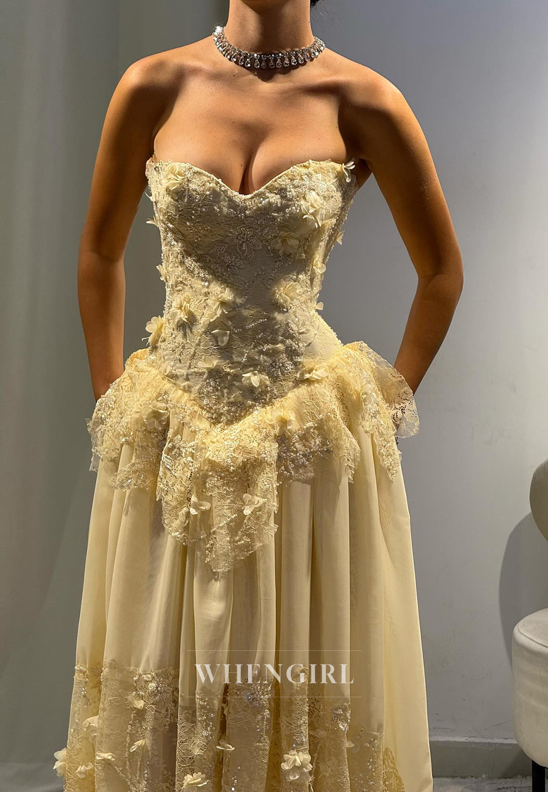 A-Line Yellow Sleeveless Sweetheart Appliqued Lace Up Formal Evening Dress