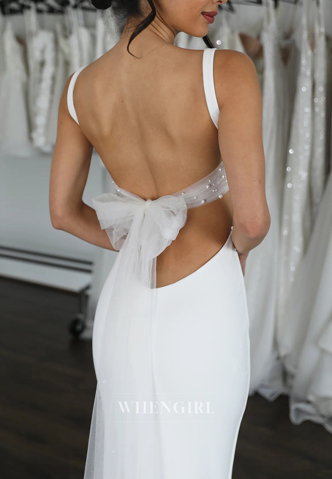 Square Neck Sleeveless Pearls Beading Tie Back Mermaid Wedding Dress