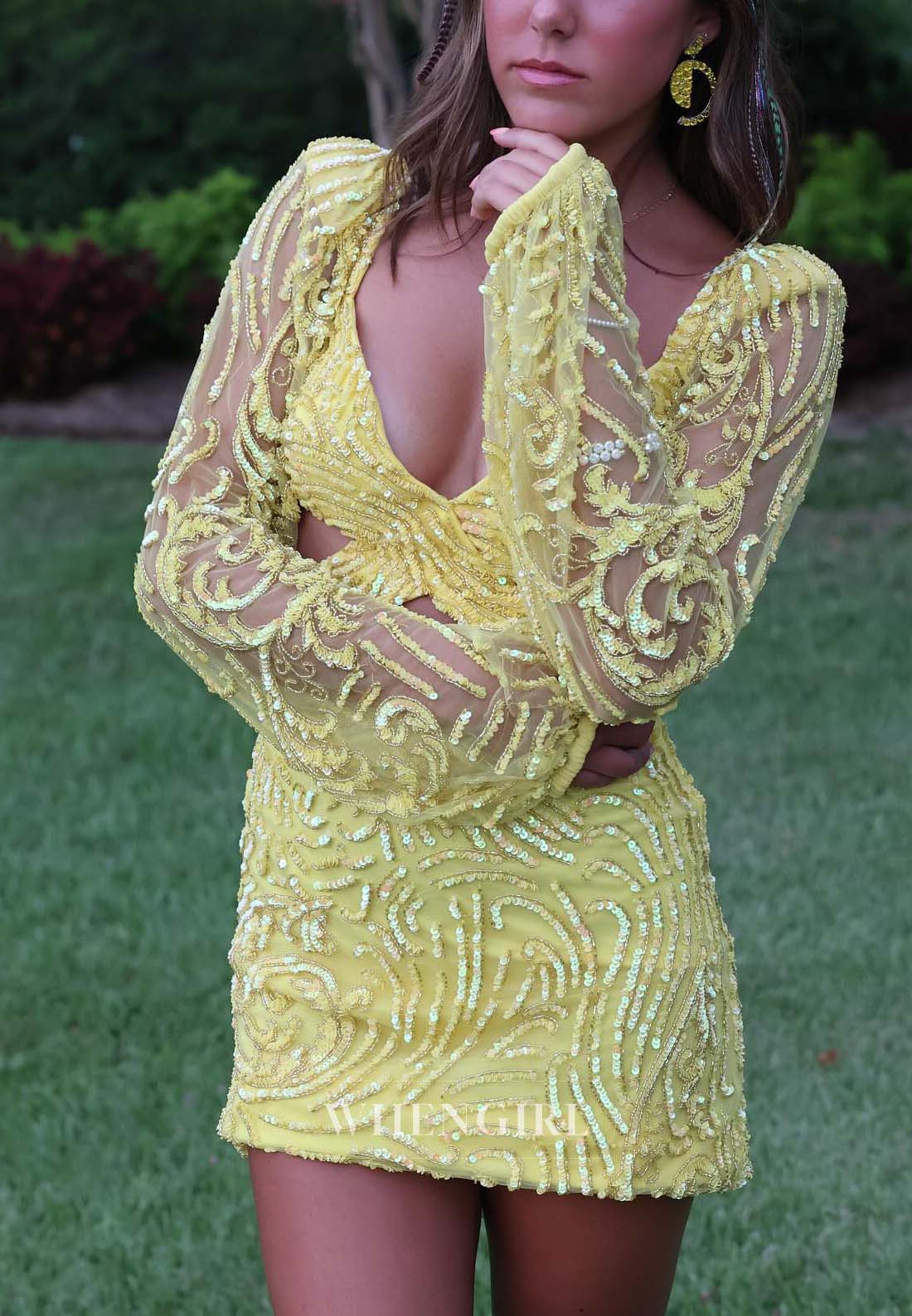 V Neck Long Sleeves Cut Out Beaded Short Sheath Homecoming Dress