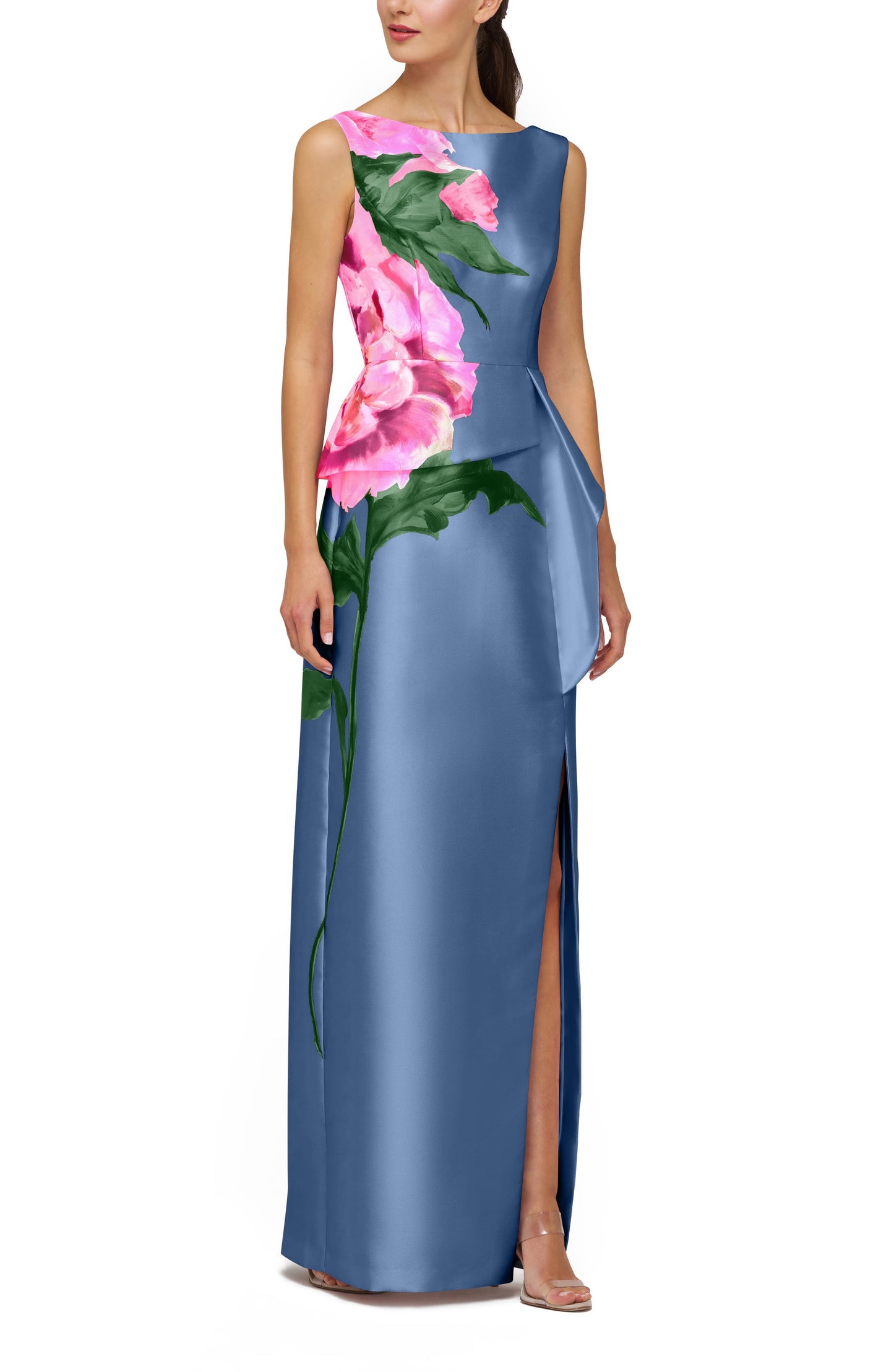 Blue Sheath Bateau Neck Slit Flower Column Gown