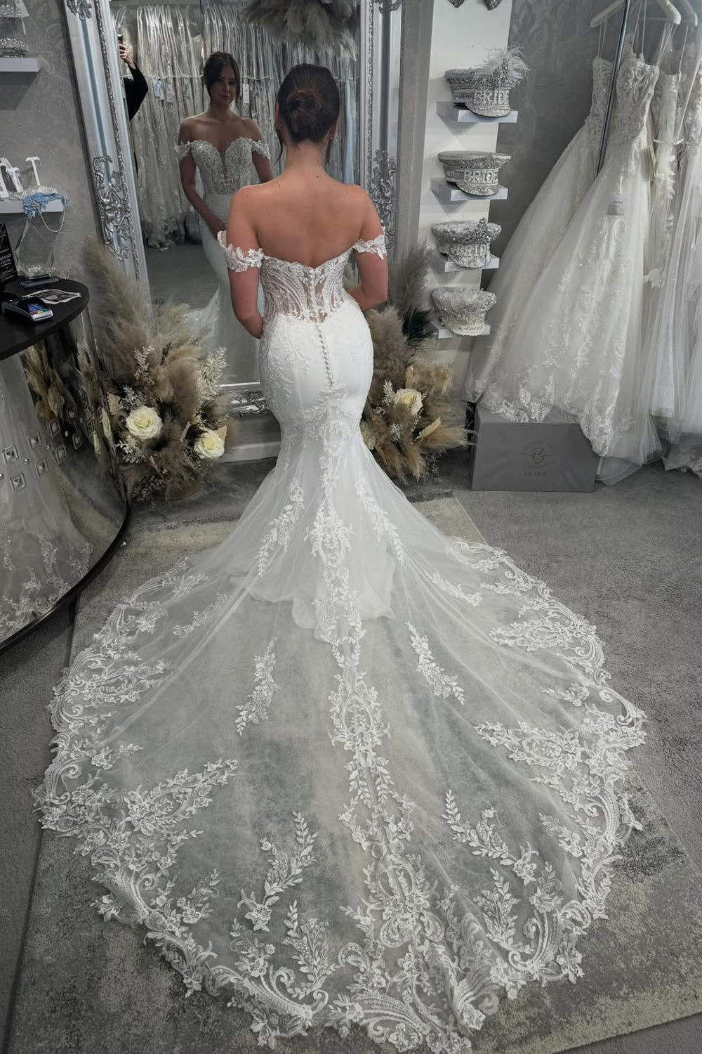 Gorgeous Off the Shoulder Mermaid Sequins Lace Wedding Dress with Appliques