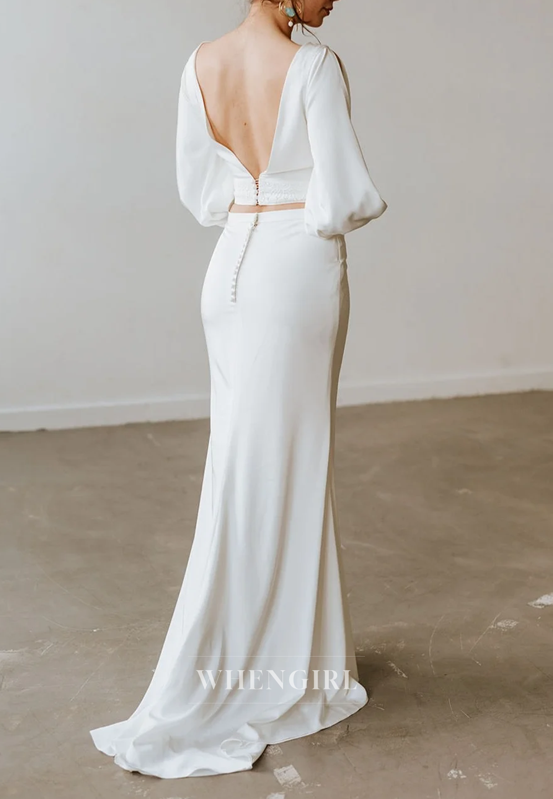 Sheath Simple Bateau Neck Cut Out Long Sleeves Two Pieces V Back with Sweep Train
