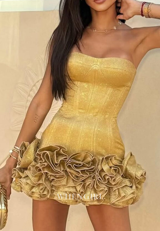 Tube Top Sleevless 3D Flowers Lace Up Sheath Short Homecoming Dress