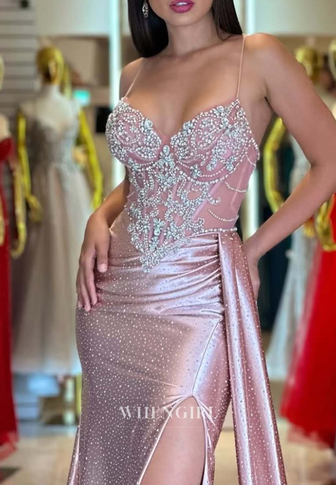 Light Pink V Neck Rhinestons Beaded Evening Dress Sheath Side Slit Spaghetti Straps Formal Dress