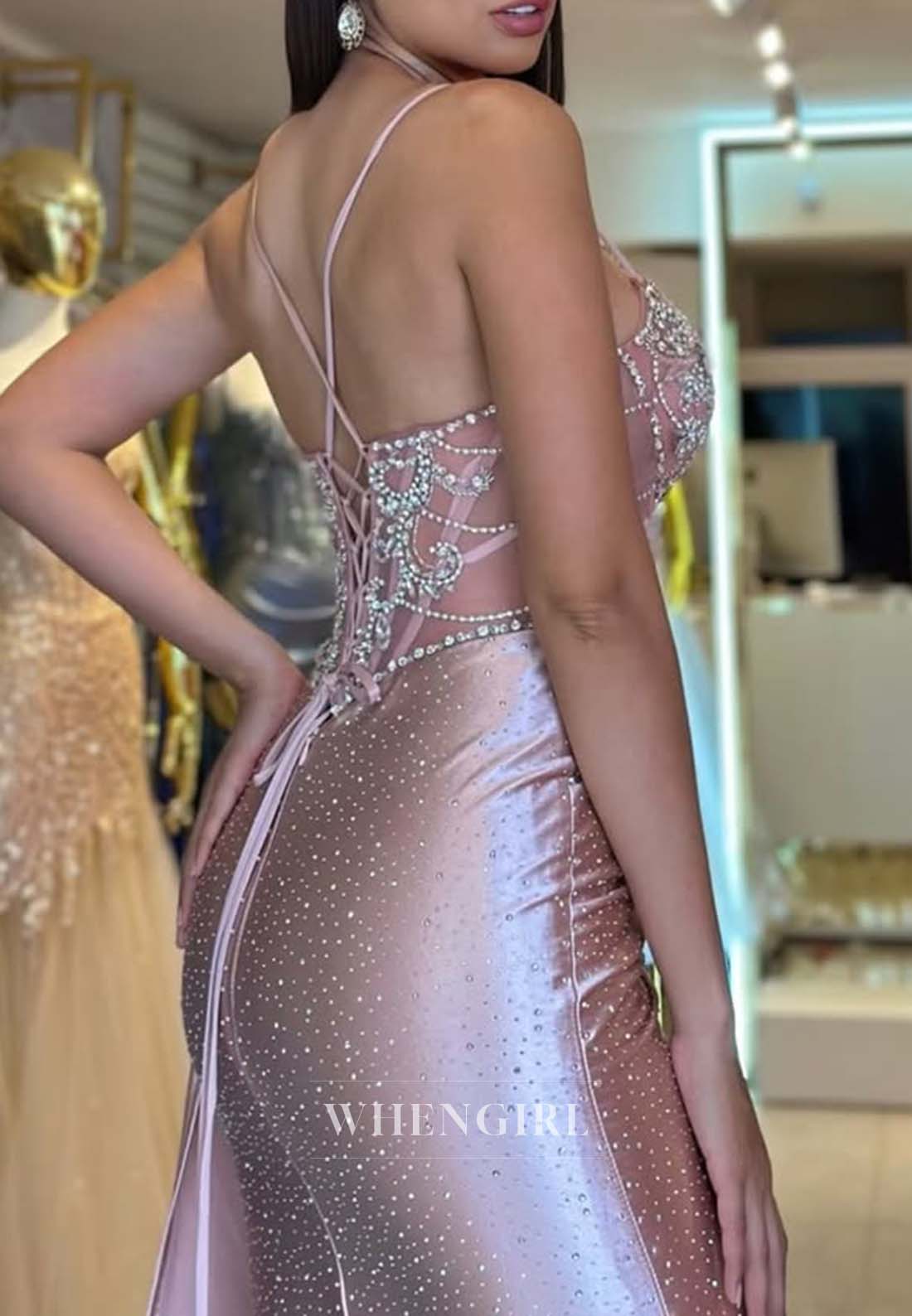 Light Pink V Neck Rhinestons Beaded Evening Dress Sheath Side Slit Spaghetti Straps Formal Dress