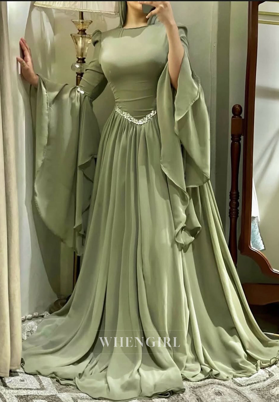 Dusty Sage Bell Sleeves A-Line Formal Gown Bateau Neck Beaded Sweep Train Evening Dress