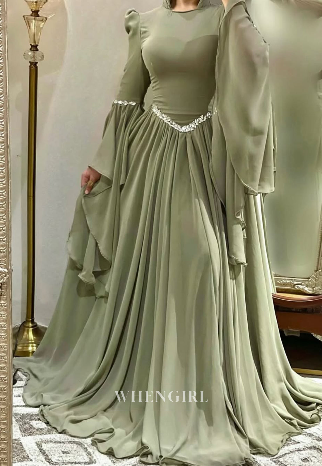 Dusty Sage Bell Sleeves A-Line Formal Gown Bateau Neck Beaded Sweep Train Evening Dress
