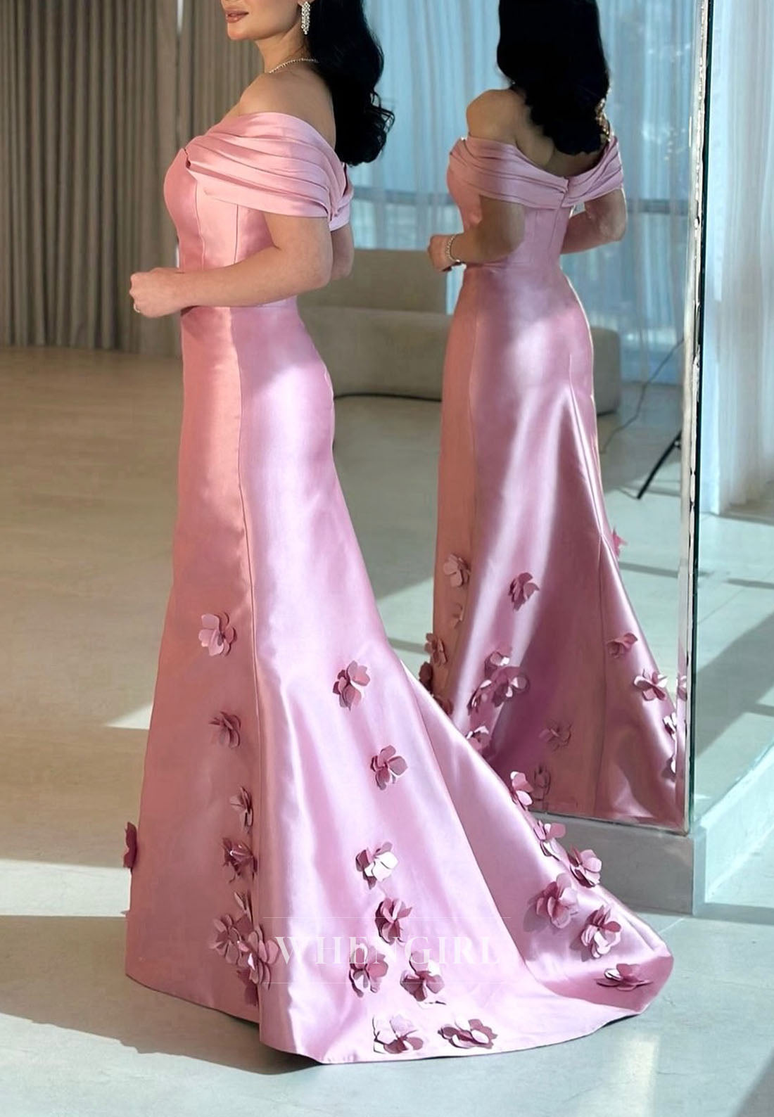 Candy Pink Off Shoulder Sheath Formal Dress Sleeveless Floral Satin Evening Gown with Sweep Train