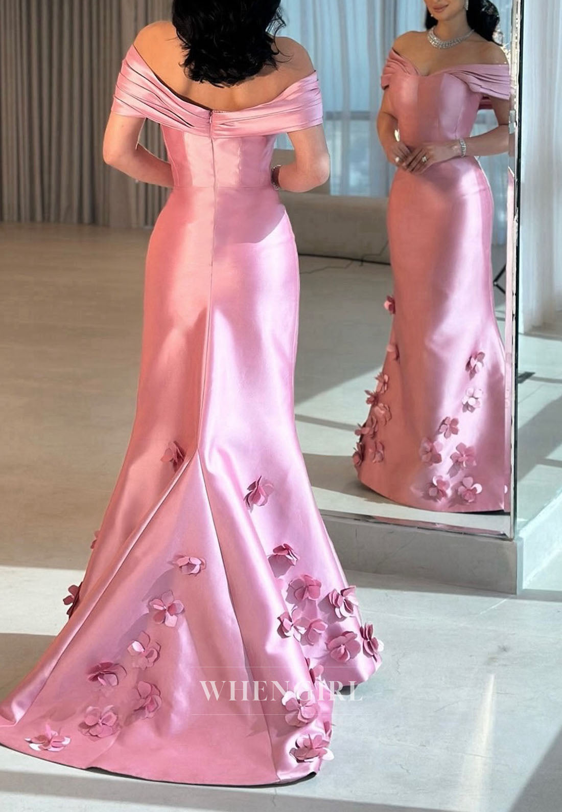 Candy Pink Off Shoulder Sheath Formal Dress Sleeveless Floral Satin Evening Gown with Sweep Train