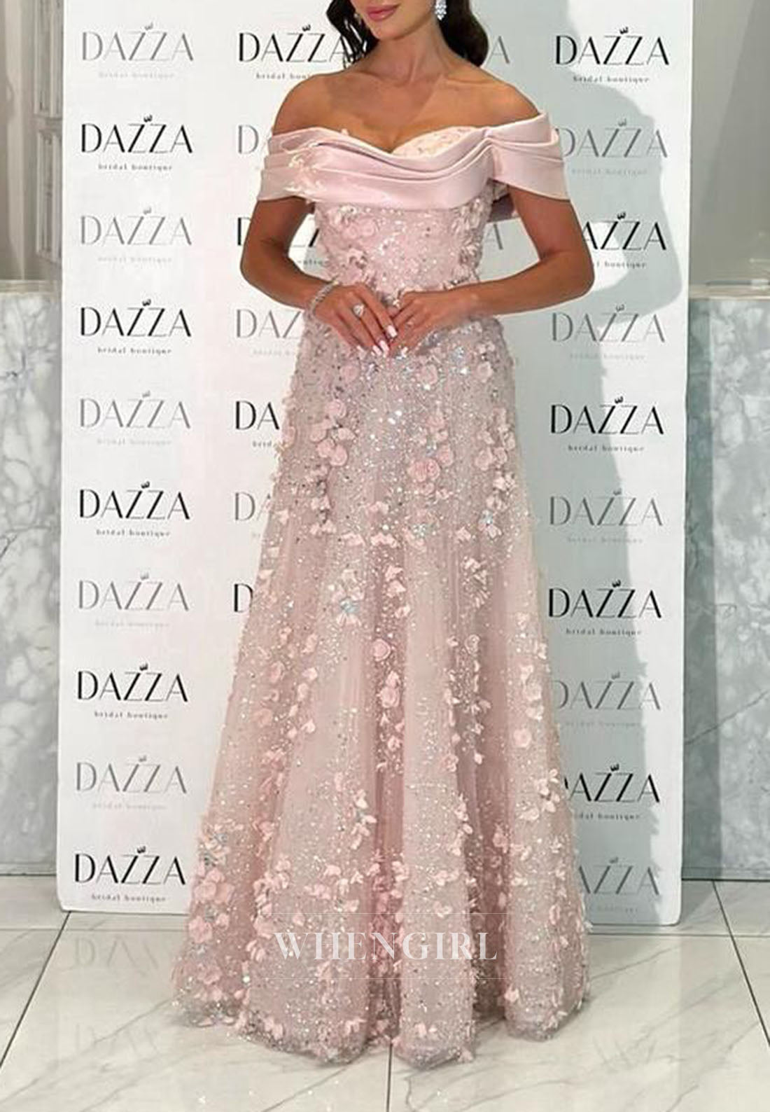Blush A-Line Off Shoulder Sleeves Back Zipper Floral Floor Length Formal Evening Dress