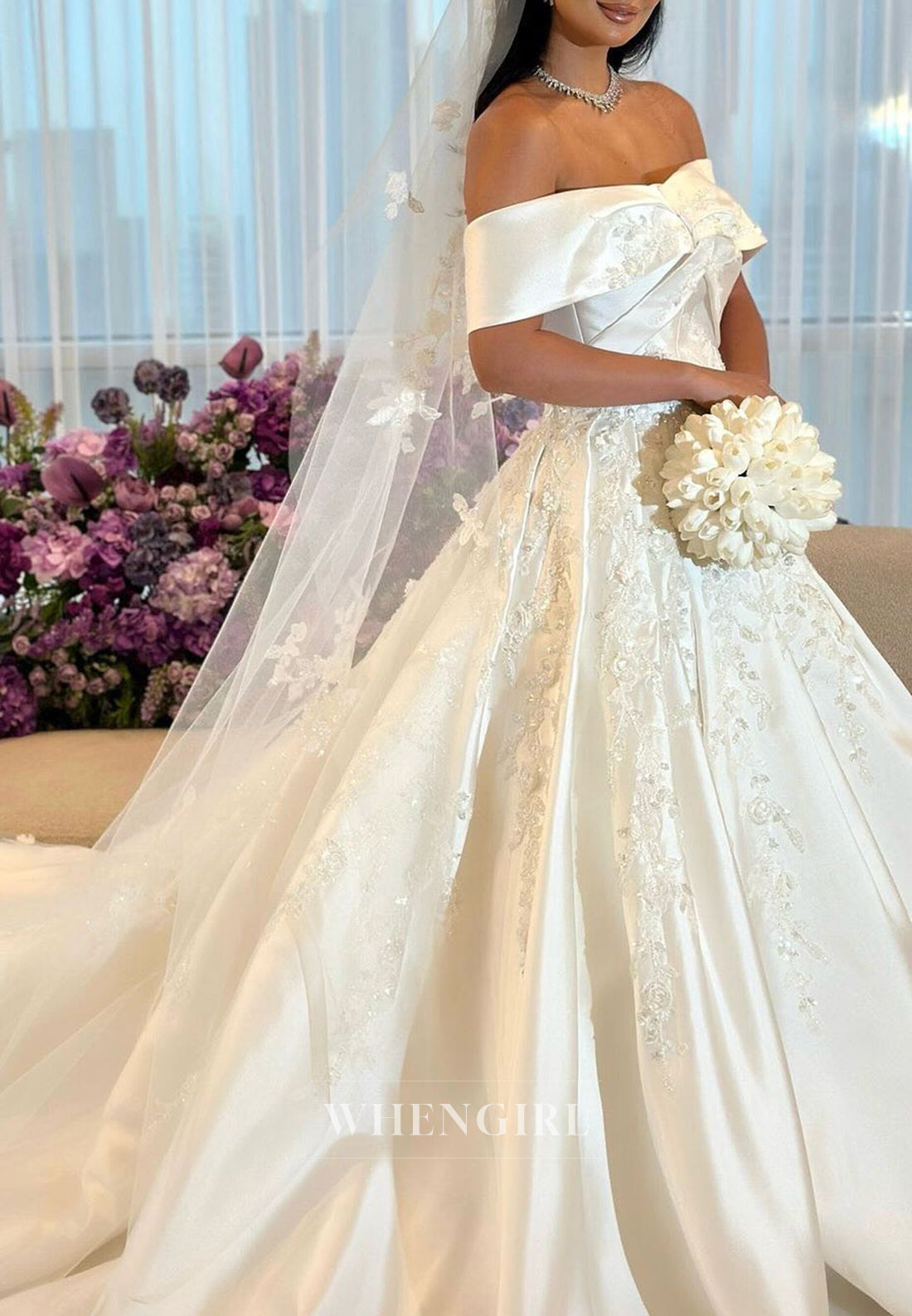 Off Shoulder Pleated Back Zipper A-Line Wedding Dress with Court Train