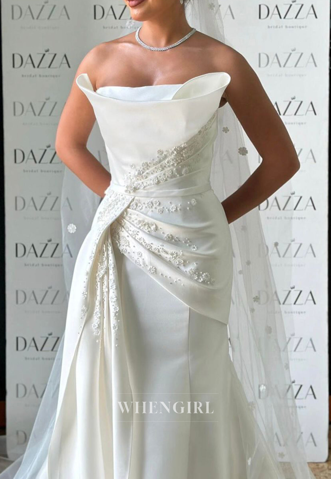 Strapless Beaded Pleated Sleeveless Sweep Train Mermaid Wedding Dress