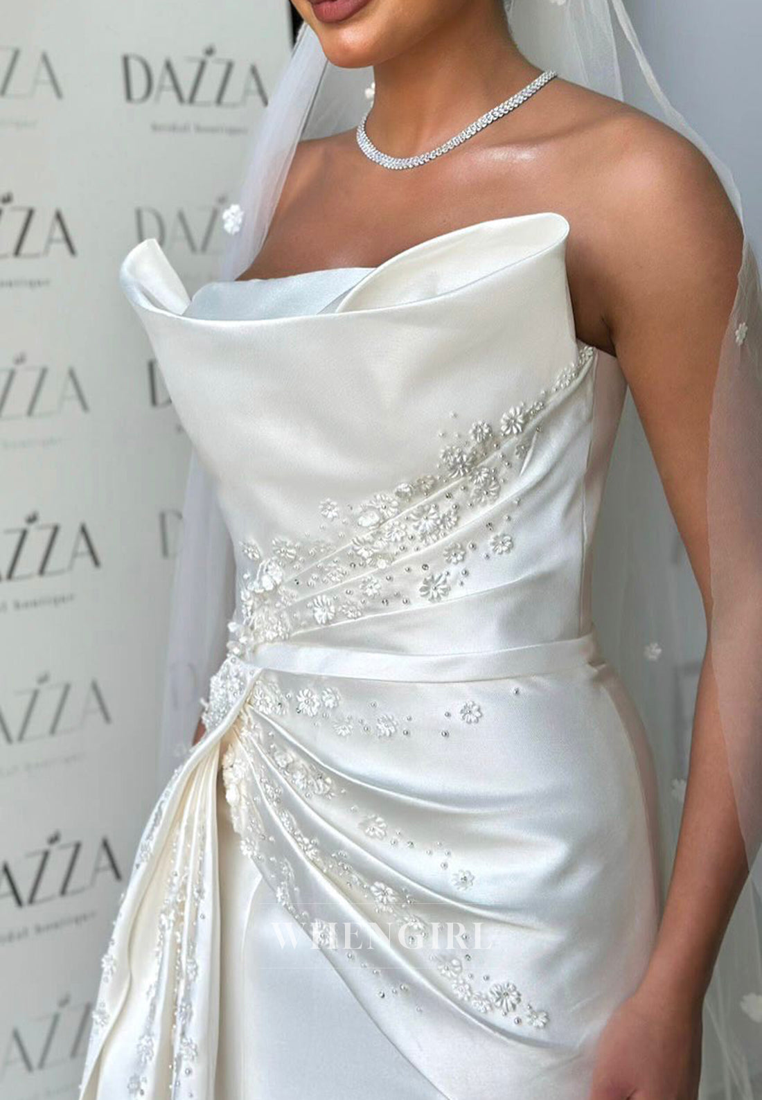 Strapless Beaded Pleated Sleeveless Sweep Train Mermaid Wedding Dress