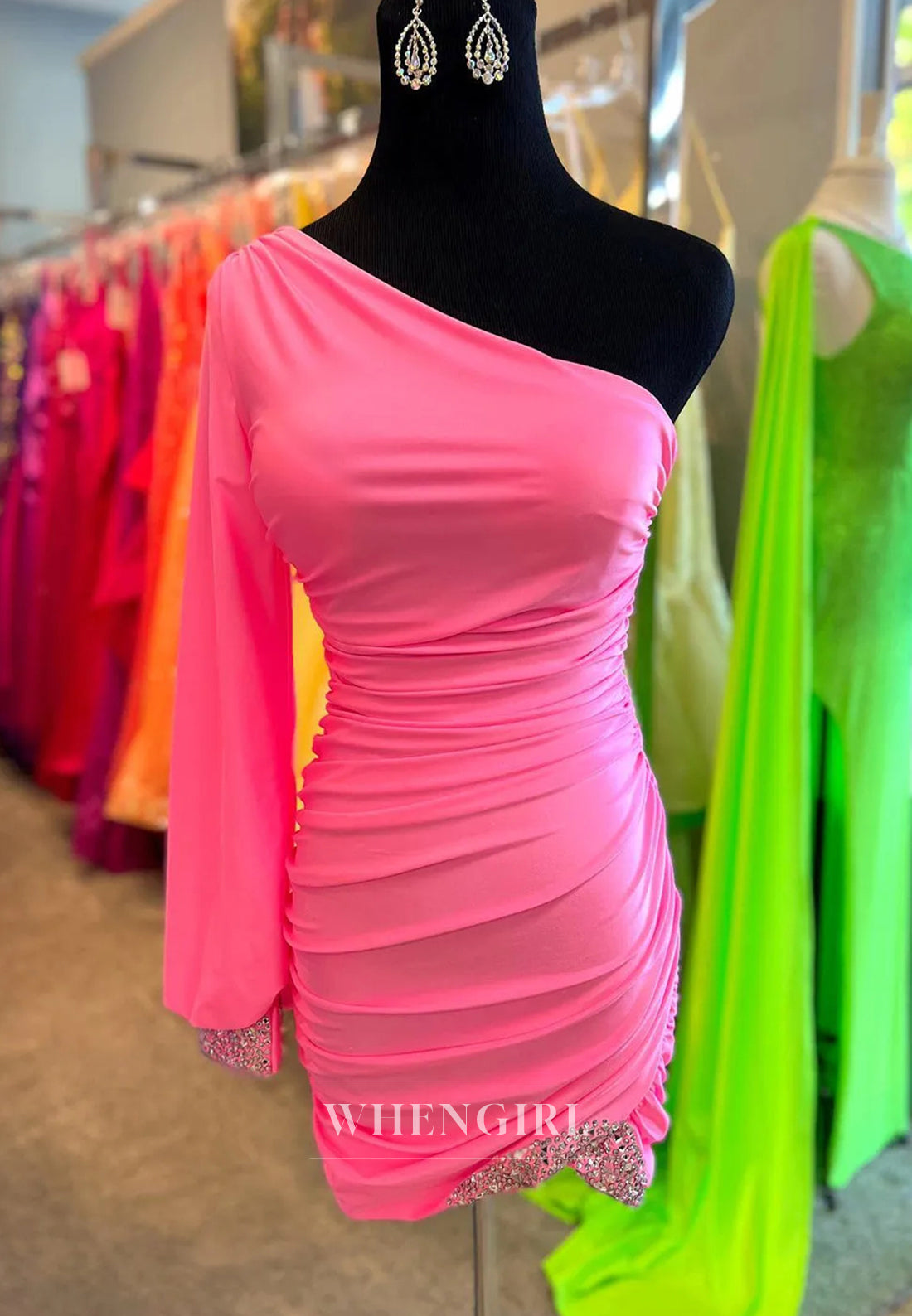 One Shoulder Single Sleeve Beaded Pleated Sheath Short Homecoming Dress