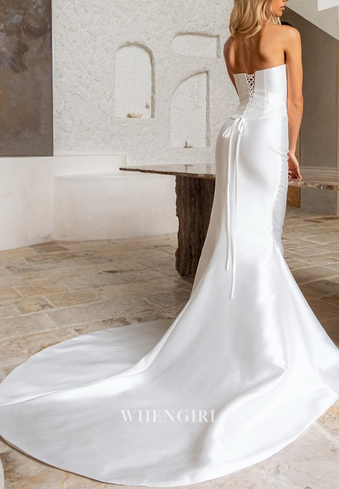 Sleeveless Sweep Train Strapless Pleated Lace Up Sweetheart Mermaid Wedding Dress