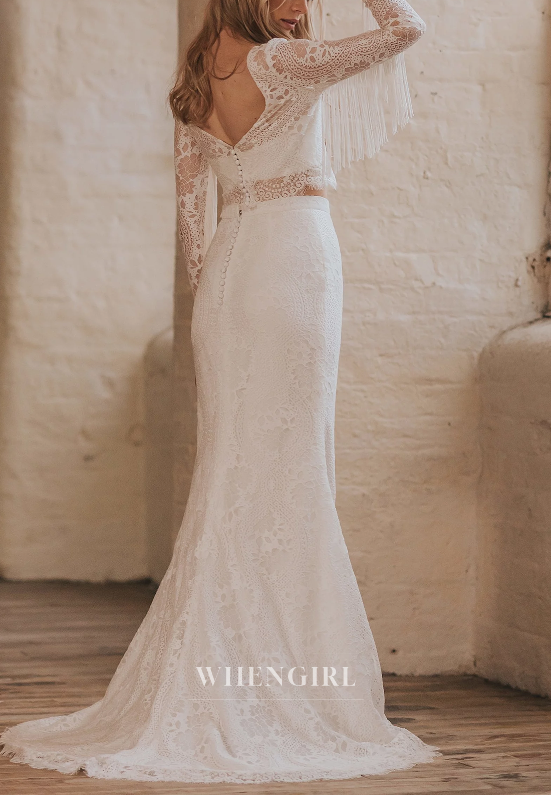 Mermaid Lace Long Sleeves Bateau Neck Two Pieces Sweep Train Wedding Dress