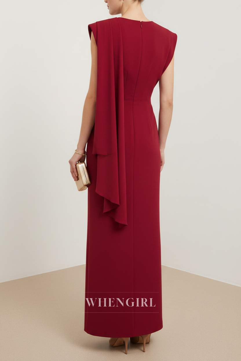 Burgundy Sleeveless Ruched Sheath Maxi Dress