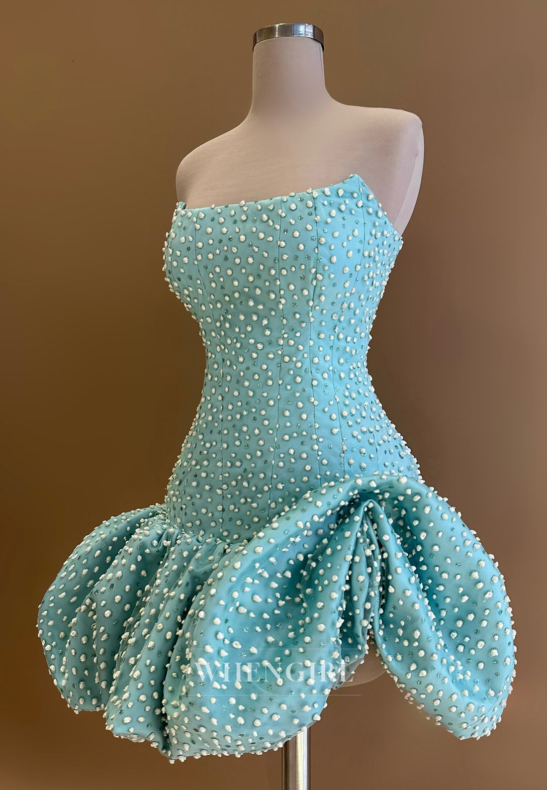 Turquoise Sheath Strapless Beaded Sleeveless Bubble Hem Short Homecoming Dress