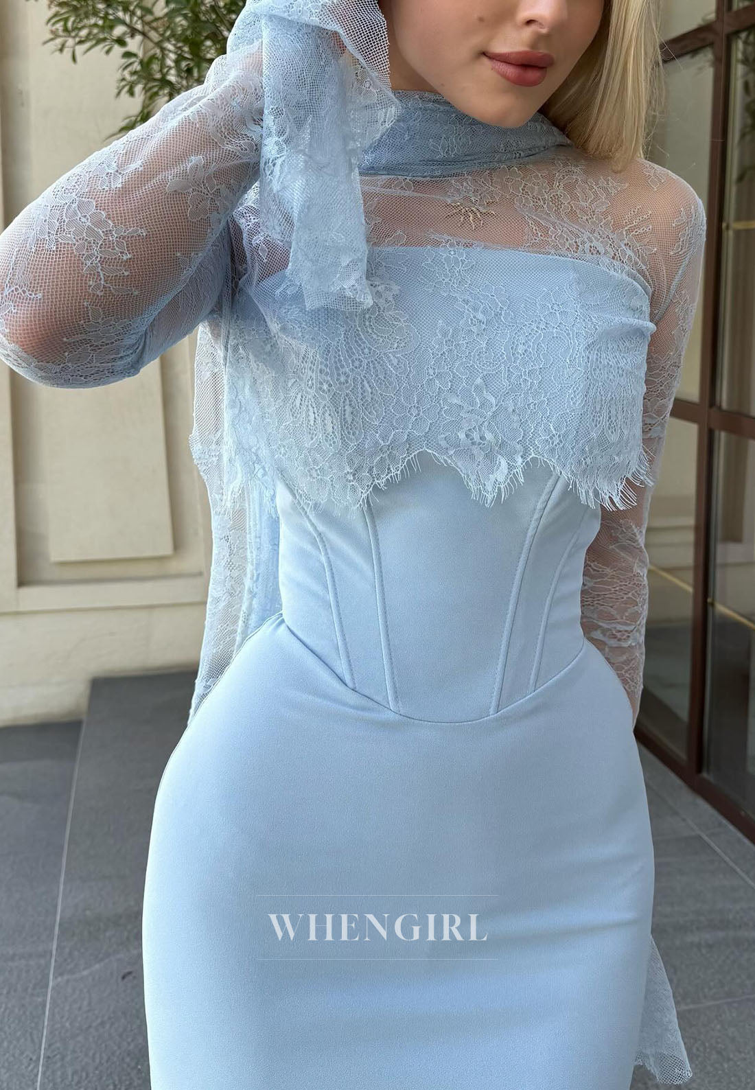 Light Blue Lace Long Sleeves Floor Length Formal Dress High Neck Column Evening Gown