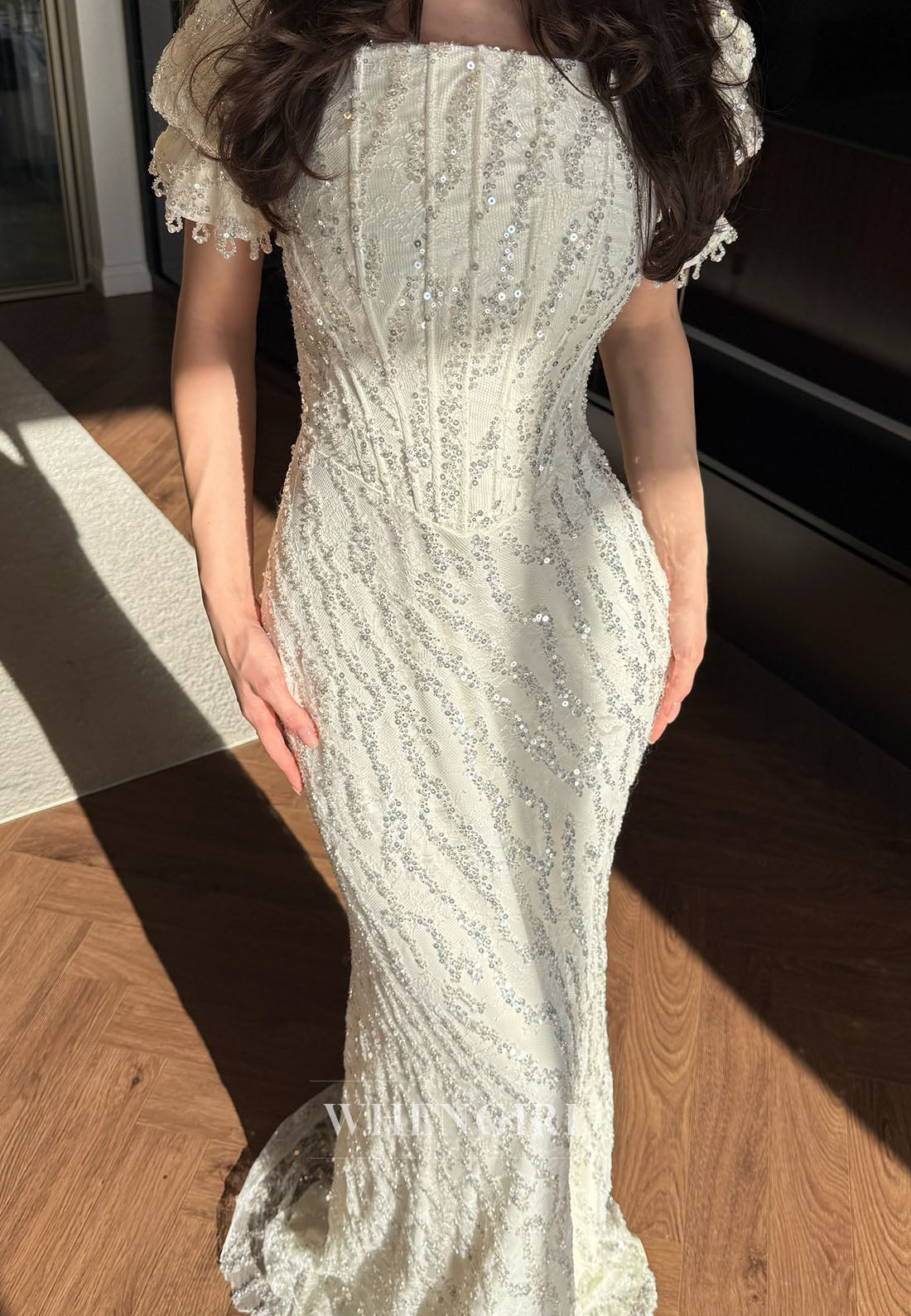 Ivory Square Neck Short Puff Sleeves Beaded Sheath Evening Formal Dress