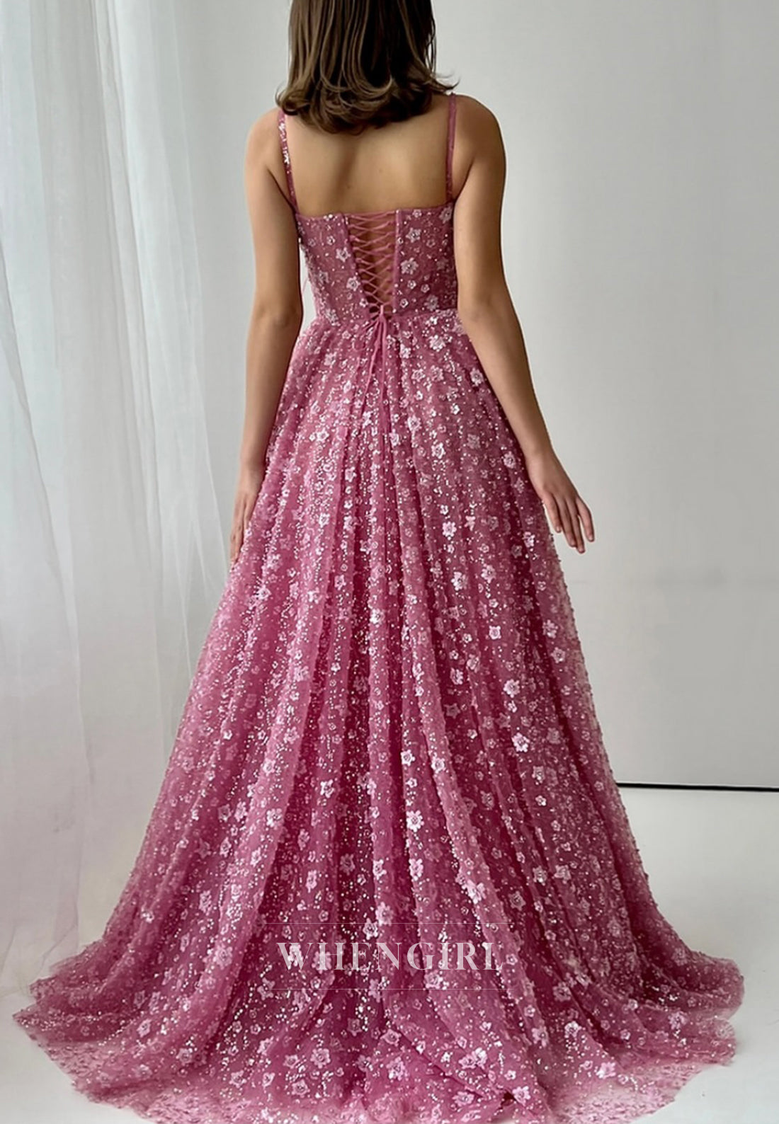 A-Line Floral Sleeveless Spaghetti Strapls Lace Up V Neck Formal Evening Dress