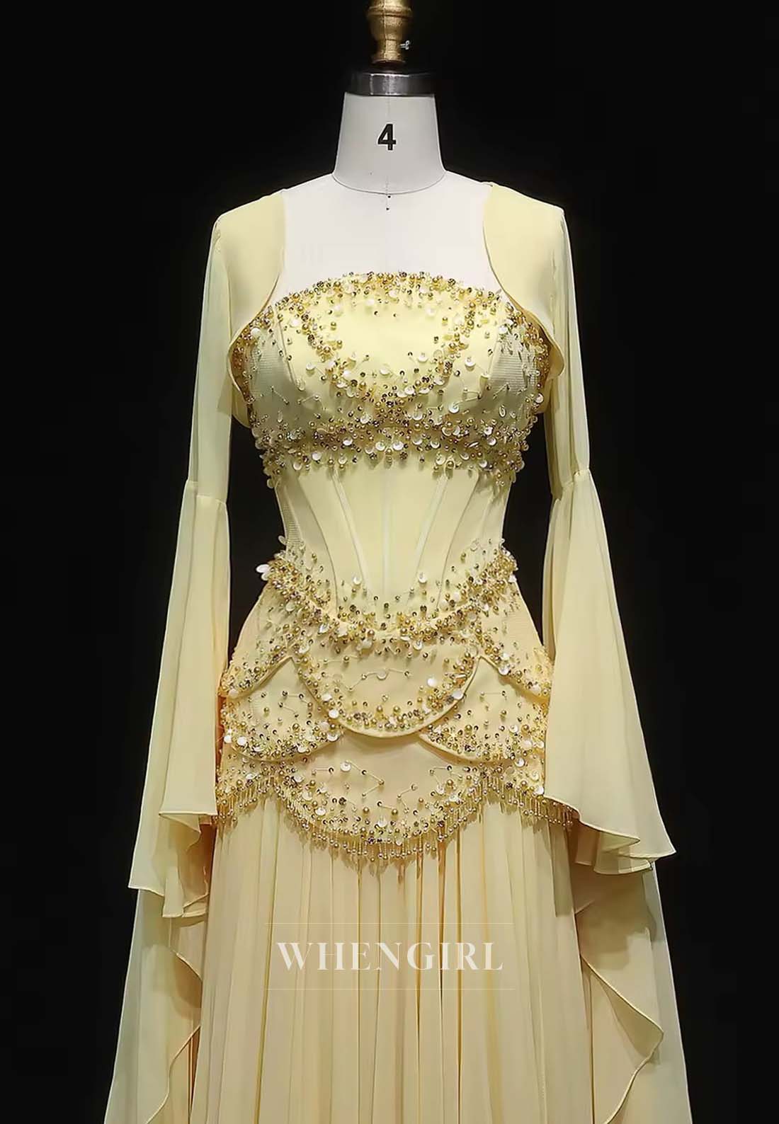 Daffodil Beaded A-line Formal Dress Bell Sleeves Sequins Lace Up Chiffon Column Evening Dress