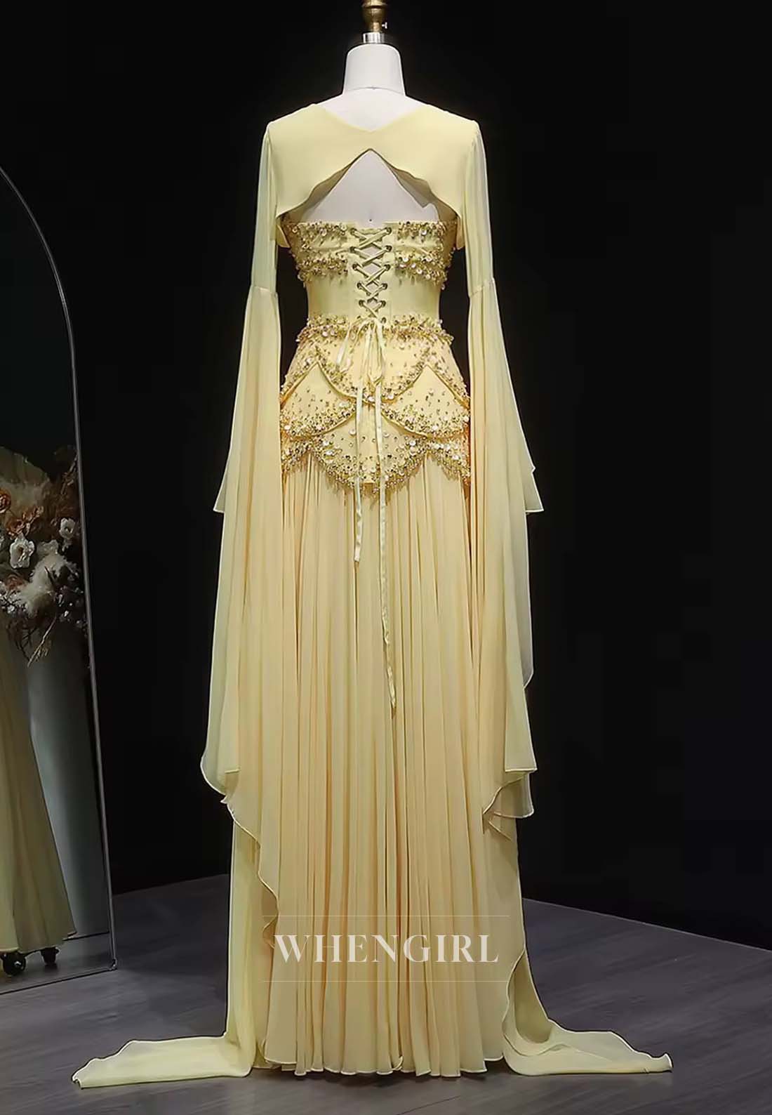 Daffodil Beaded A-line Formal Dress Bell Sleeves Sequins Lace Up Chiffon Column Evening Dress