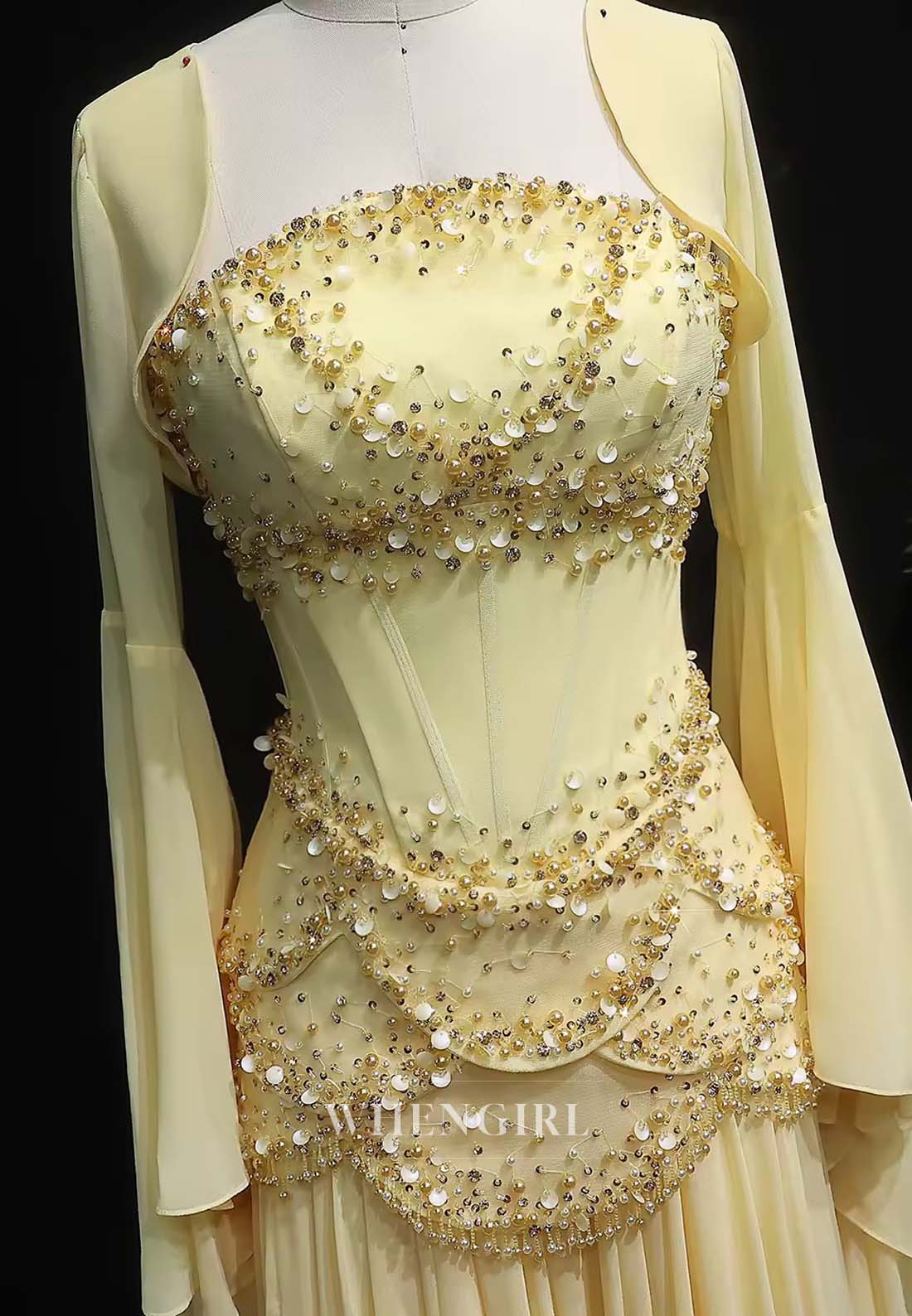 Daffodil Beaded A-line Formal Dress Bell Sleeves Sequins Lace Up Chiffon Column Evening Dress
