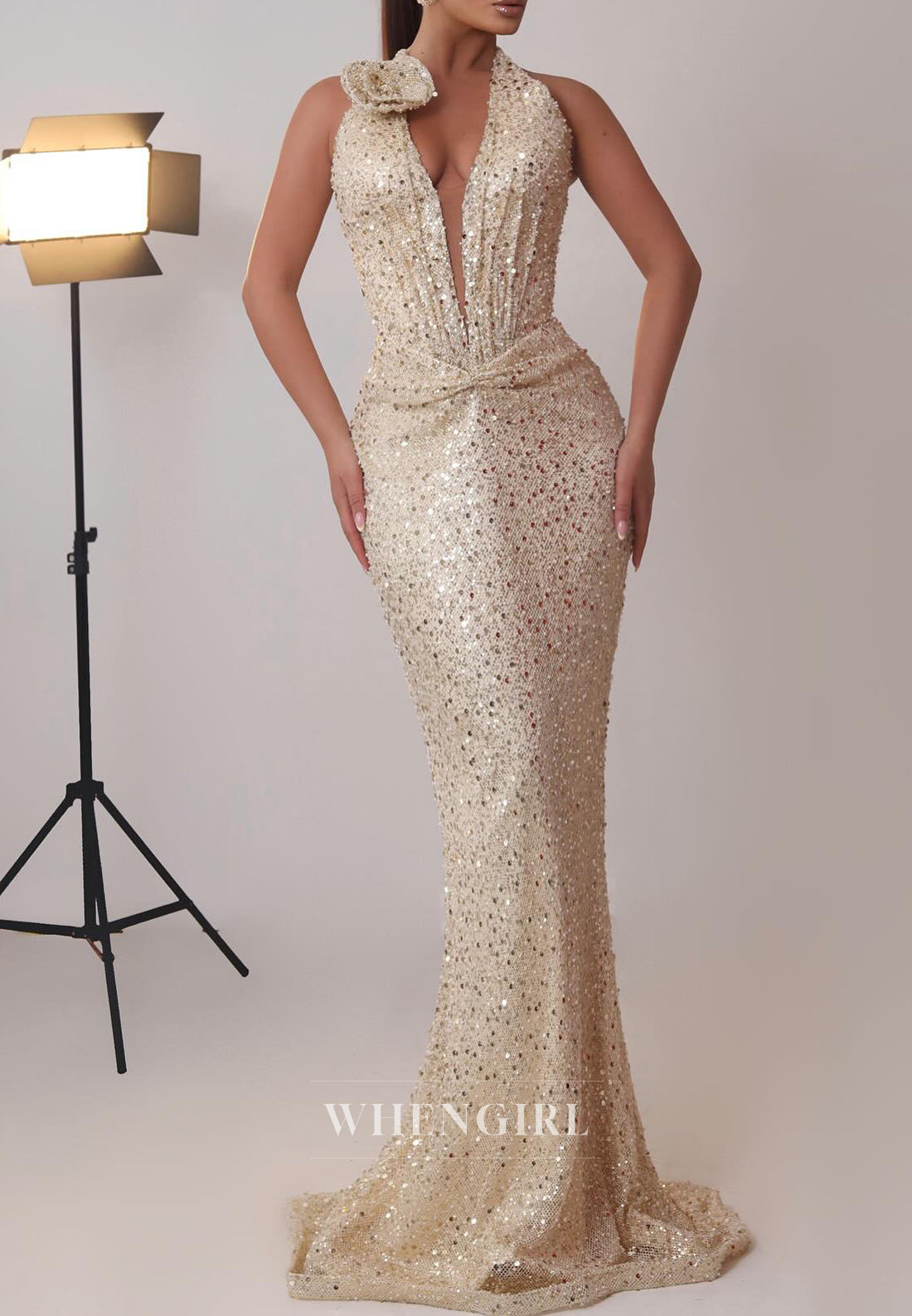 Yellow V Neck Sheath Formal Gown Sleeveless Sequins Beading 3D Flower Evening Dress