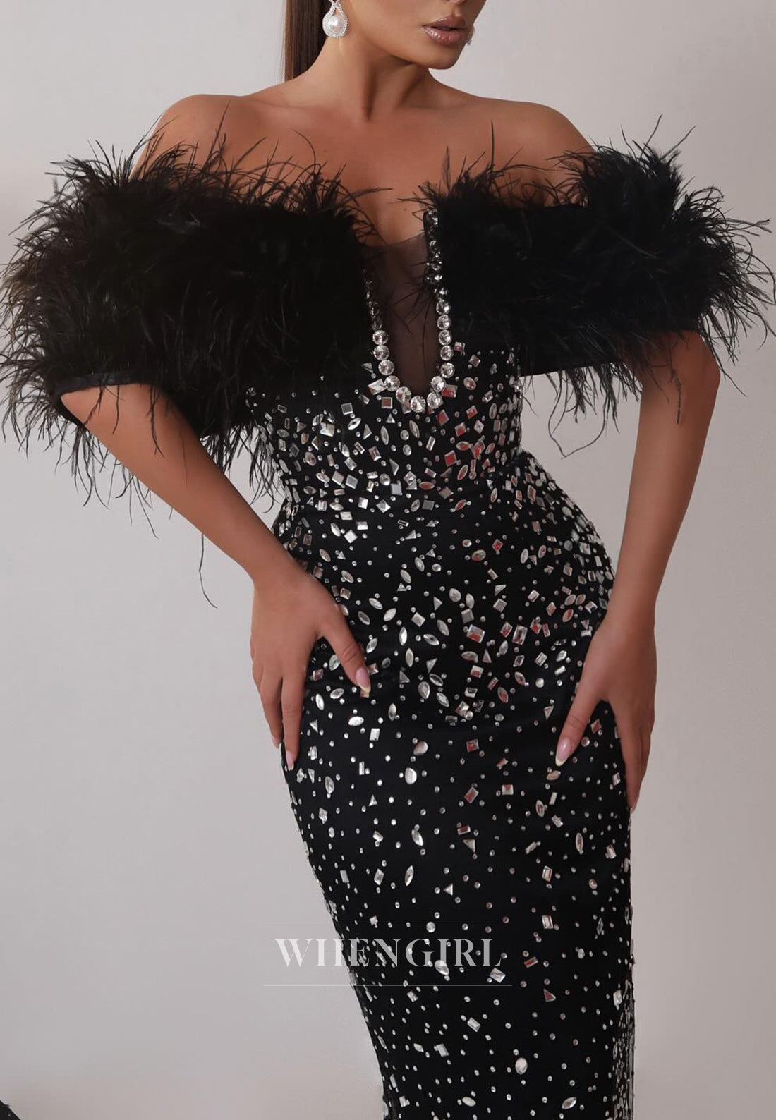 Off Shoulder Black Feather Rhinestone Beaded Sheath Long Formal Evening Dress