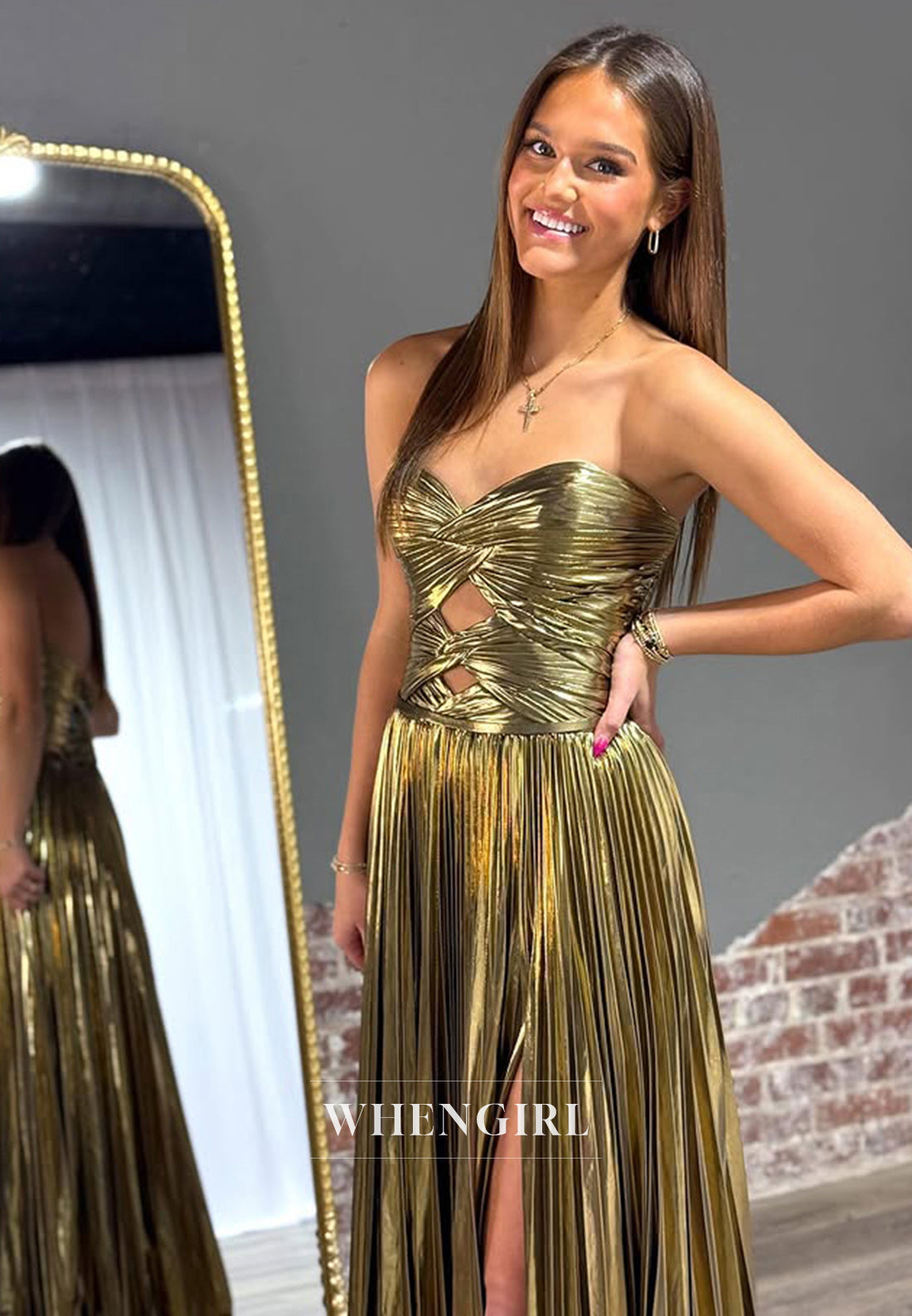 Classic A-Line Sweetheart Sleeveless Side Slit Pleats Long Prom Formal Dress with Cut Outs