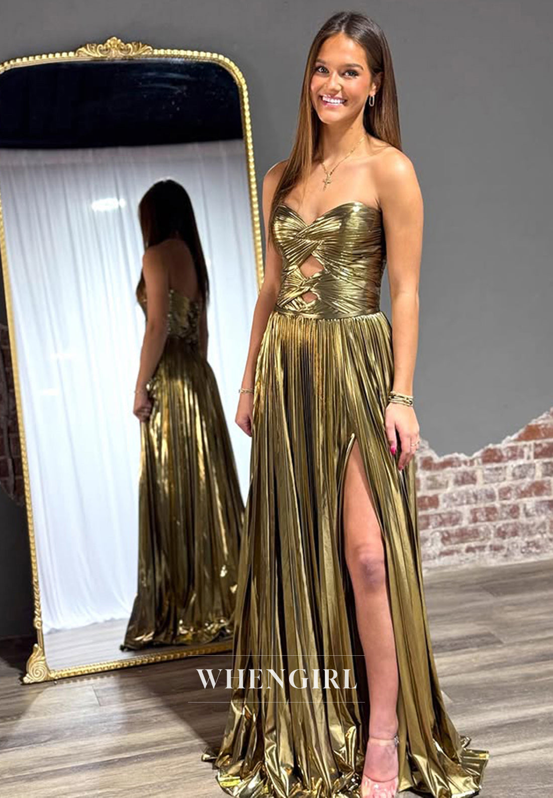 Classic A-Line Sweetheart Sleeveless Side Slit Pleats Long Prom Formal Dress with Cut Outs