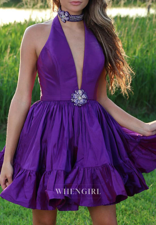 Regency Halter V Neck Sleeveless Beaded A-Line Shport Homecoming Dress