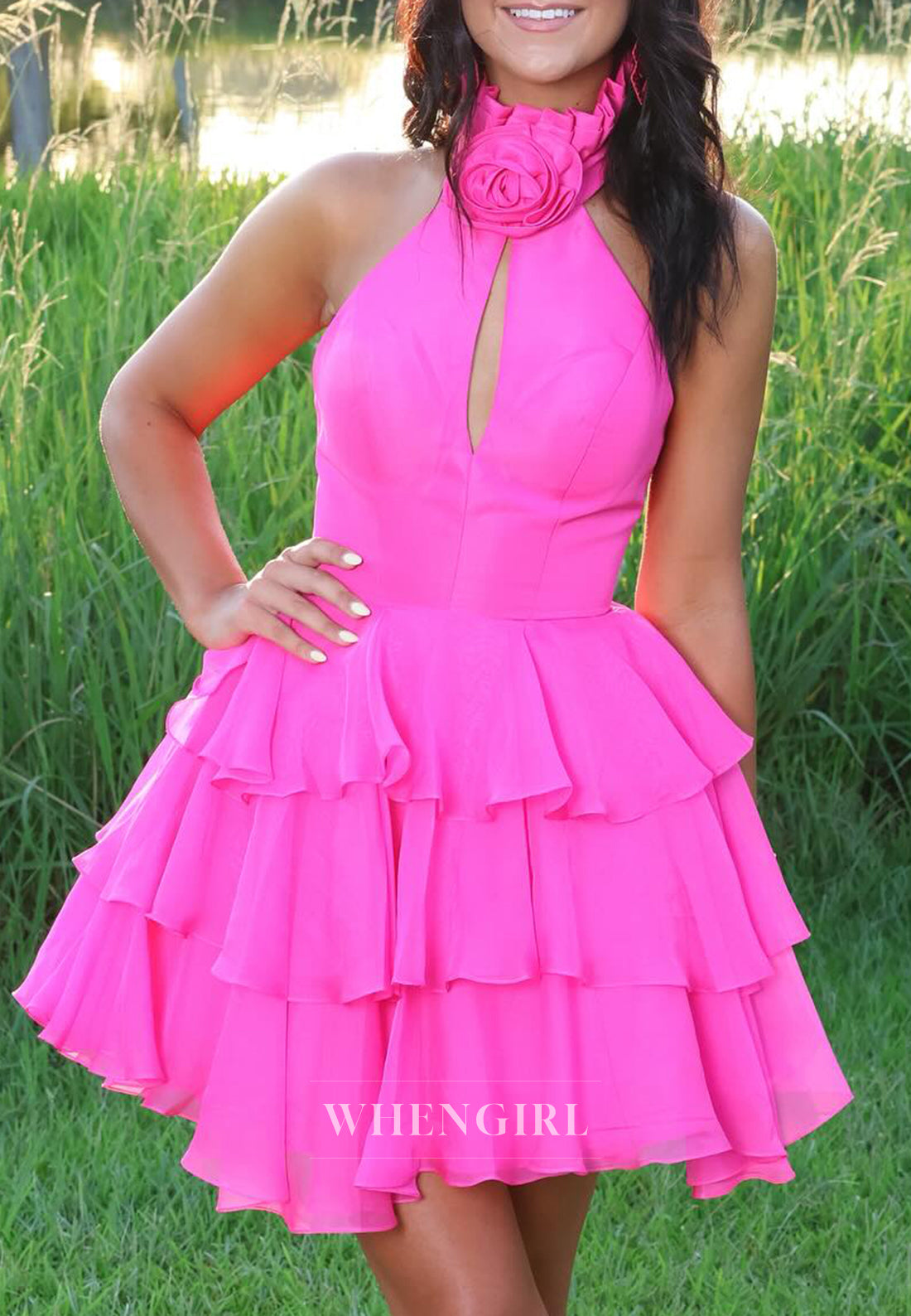 Petite Halter Cut Out Sleevless Multi Tiered Ruffles A-Line Homecoming Dress