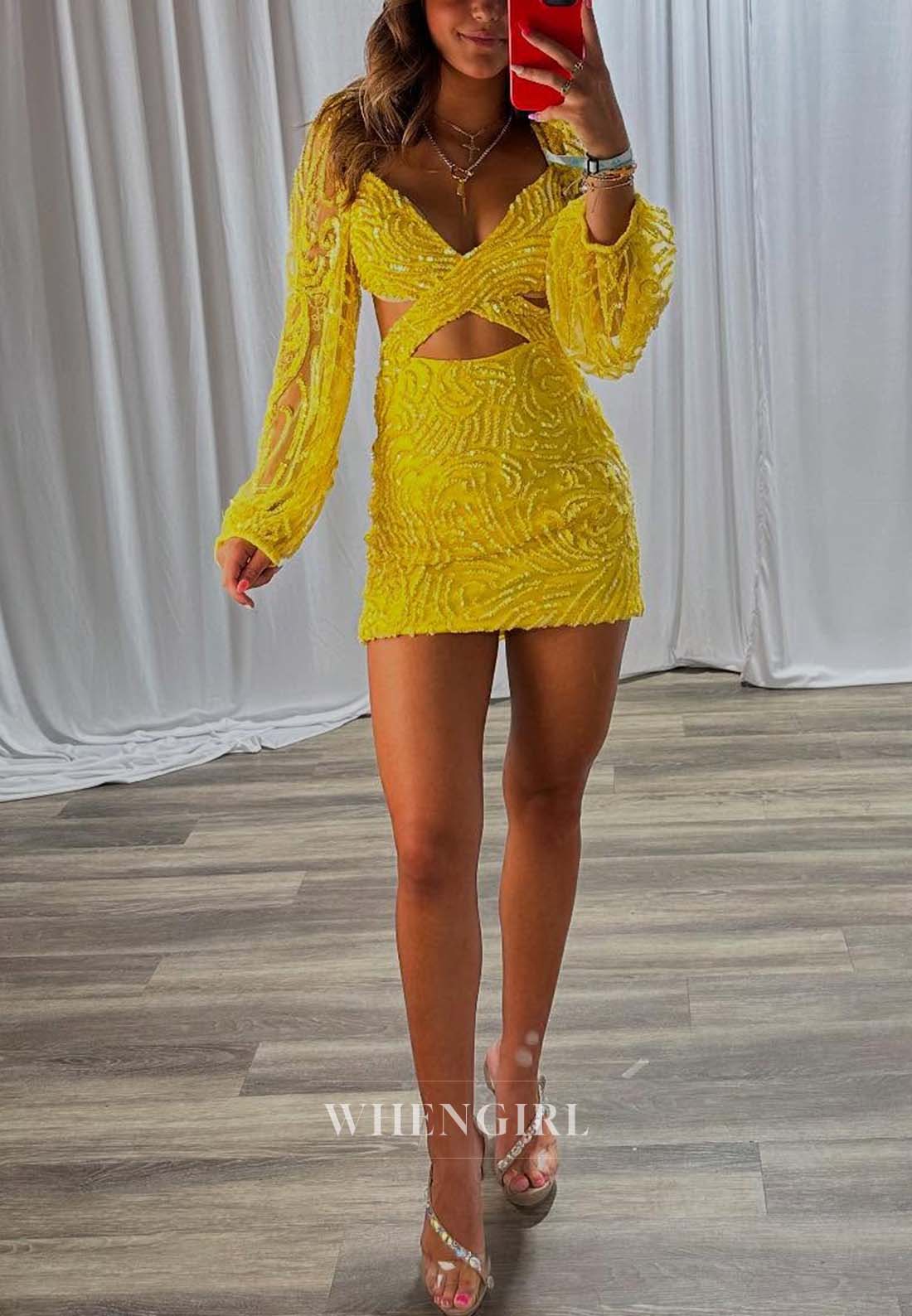 V Neck Long Sleeves Cut Out Beaded Short Sheath Homecoming Dress