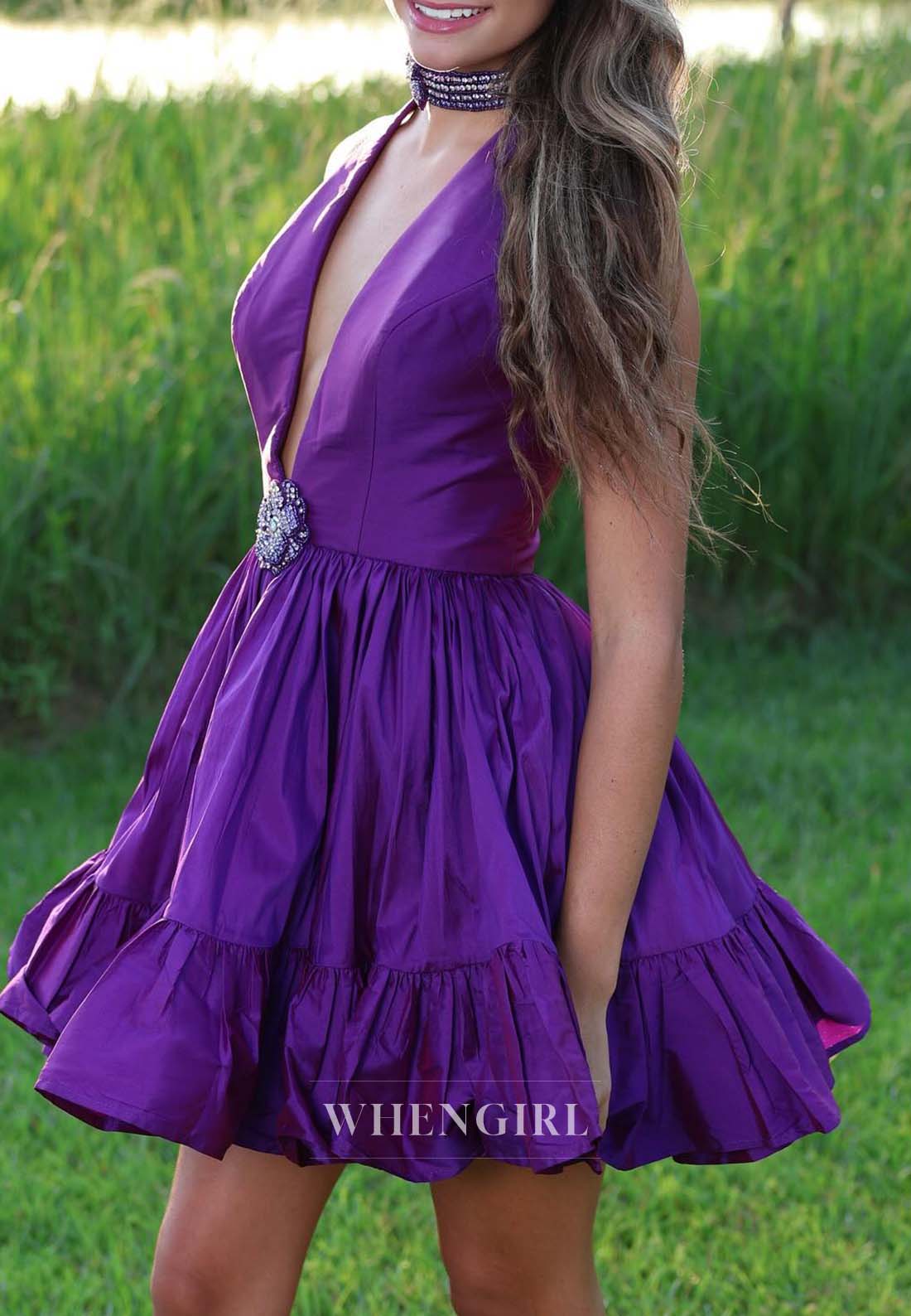 Regency Halter V Neck Sleeveless Beaded A-Line Shport Homecoming Dress
