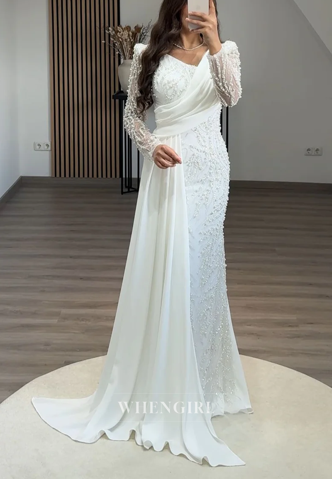 Sheath Asymmetrical Neck Long Sleeves Beaded Side Train Long Formal Evening Gown