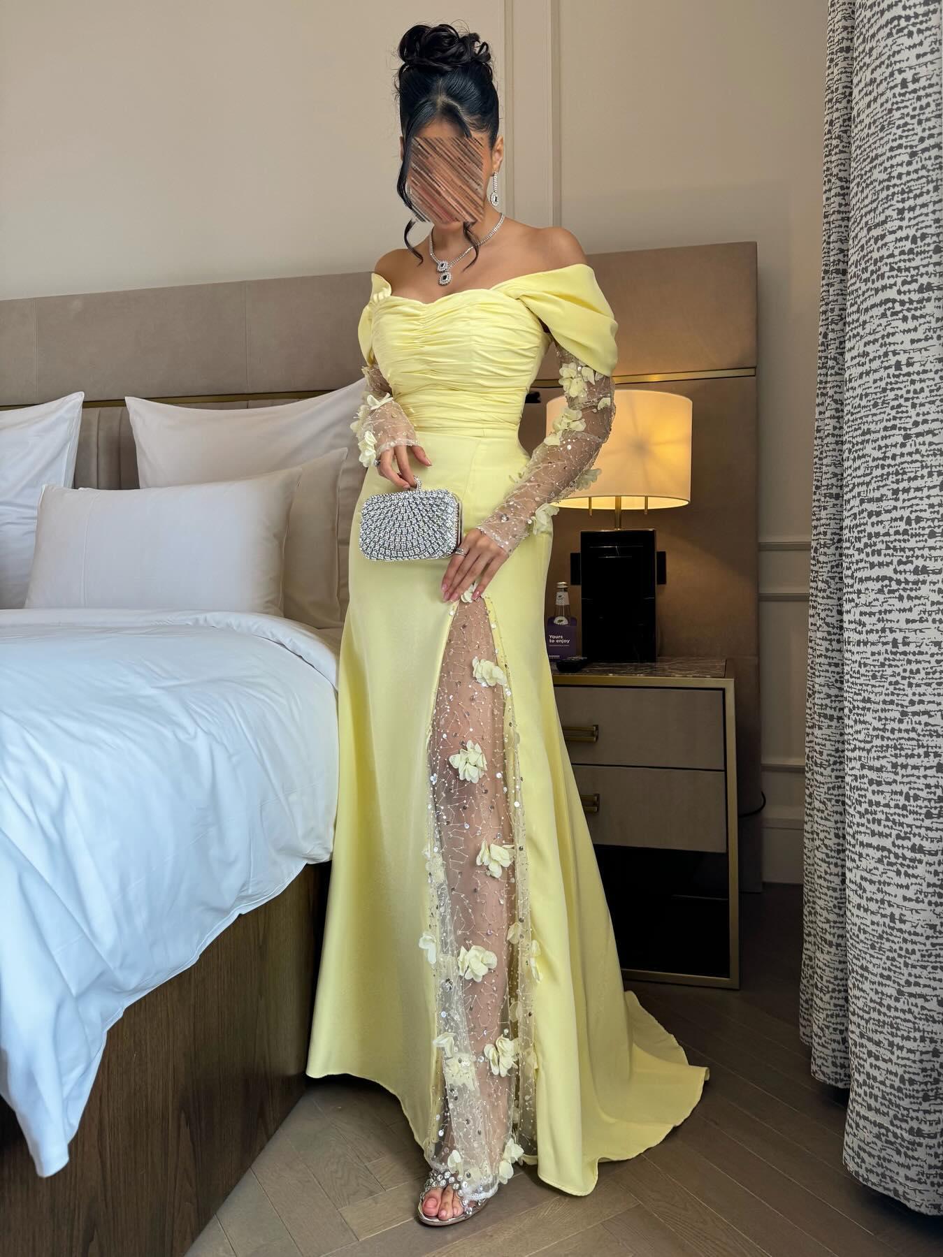 Off-Shoulder Long Sleeves Sheath High Slit Floral Ruched Satin Prom Dress with Beads Party Dress