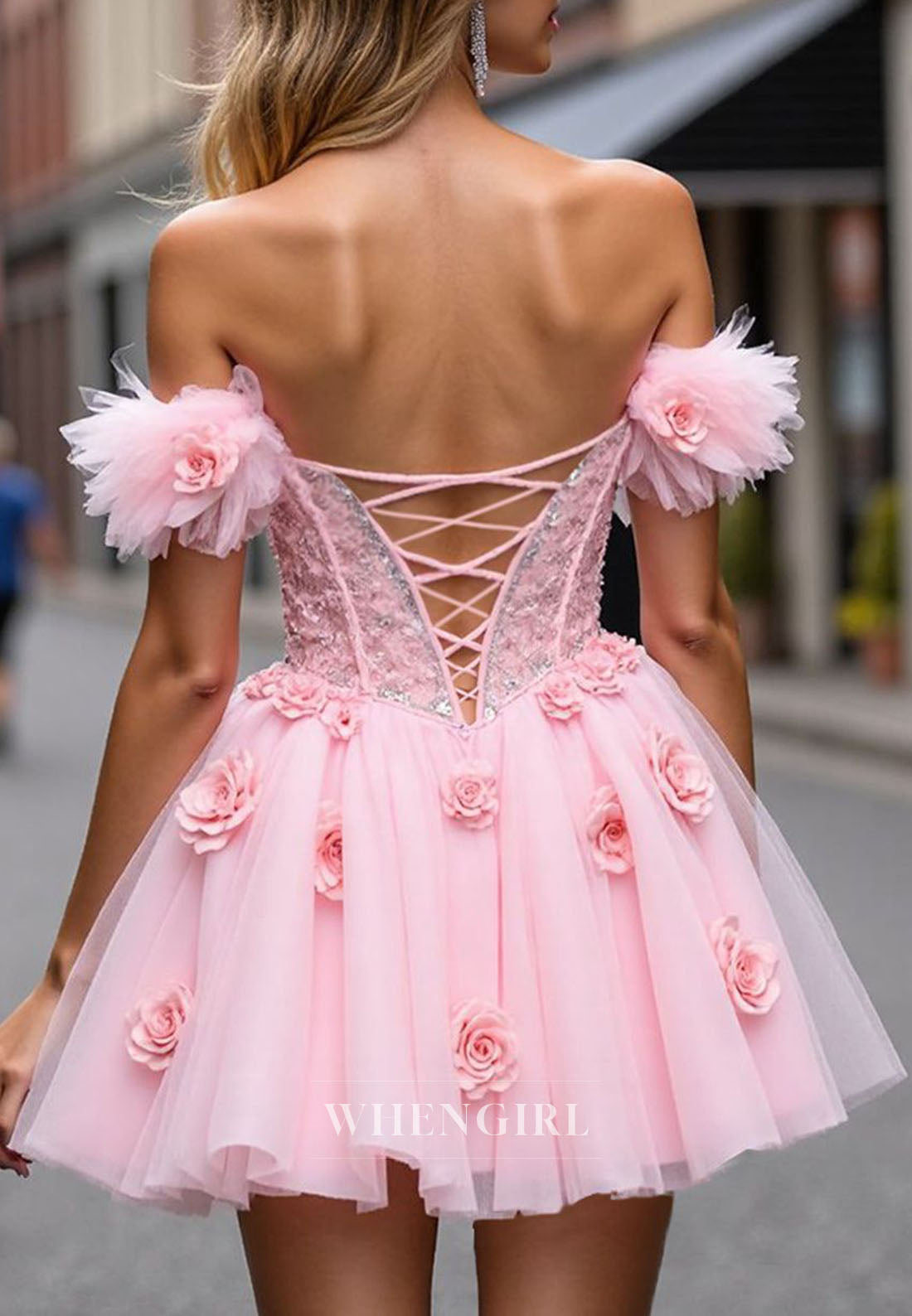 Pale Blush Sweetheart Beaded Lace Off Shoulder Flowers Tulle A-Line Short Homecoming Dress